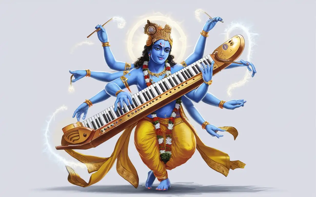 An Hindu God with eight arms, blue color, playing a fantastic keyboard instrument, having fun, white neutral background, 
