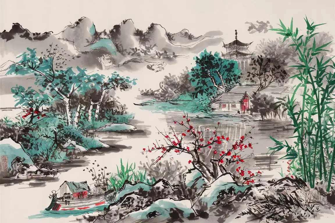 Generate a Chinese landscape ink painting, with elements of traditional Chinese culture and appropriate color combinations