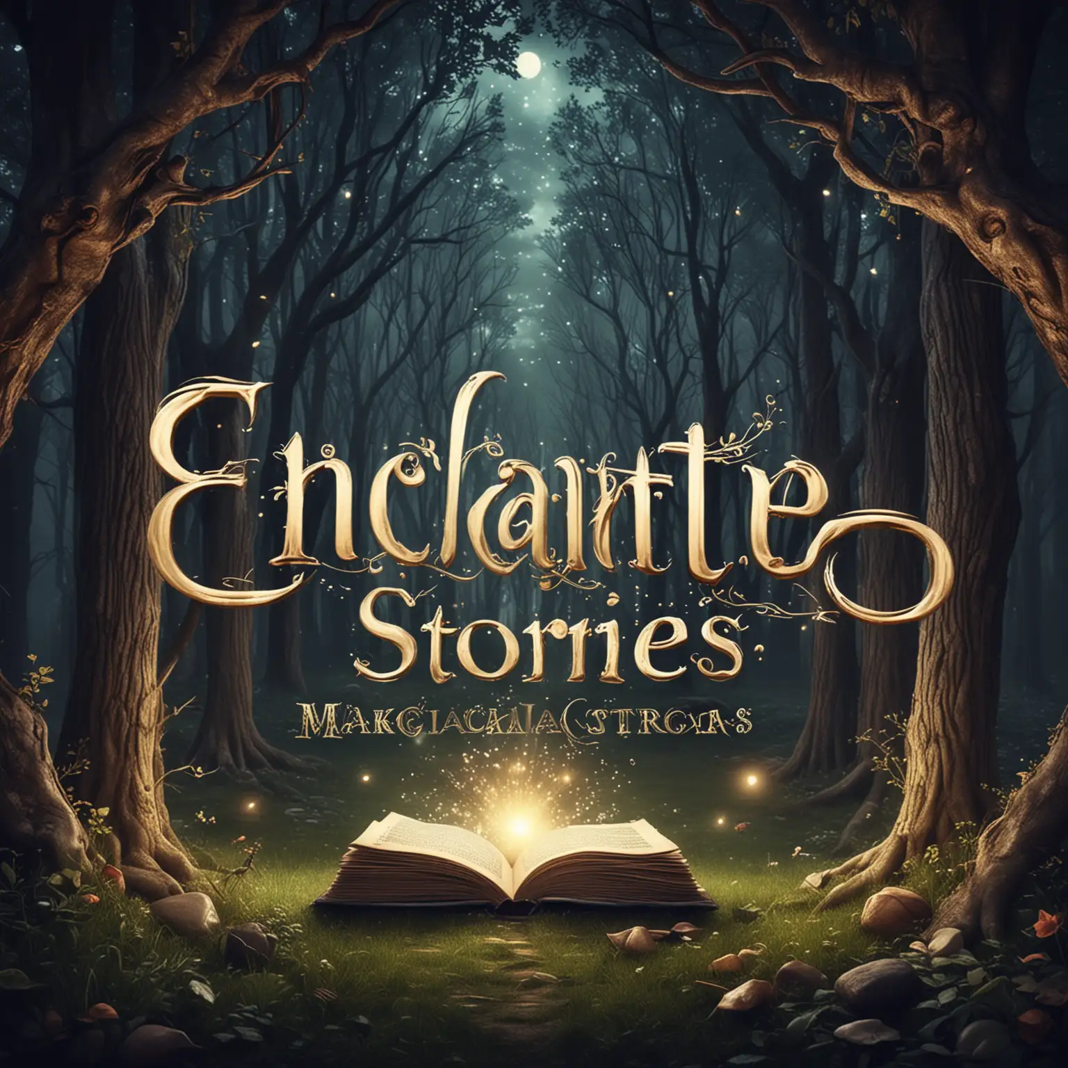 Create logo with title Enchanted Stories, Make it look magical, make correct text