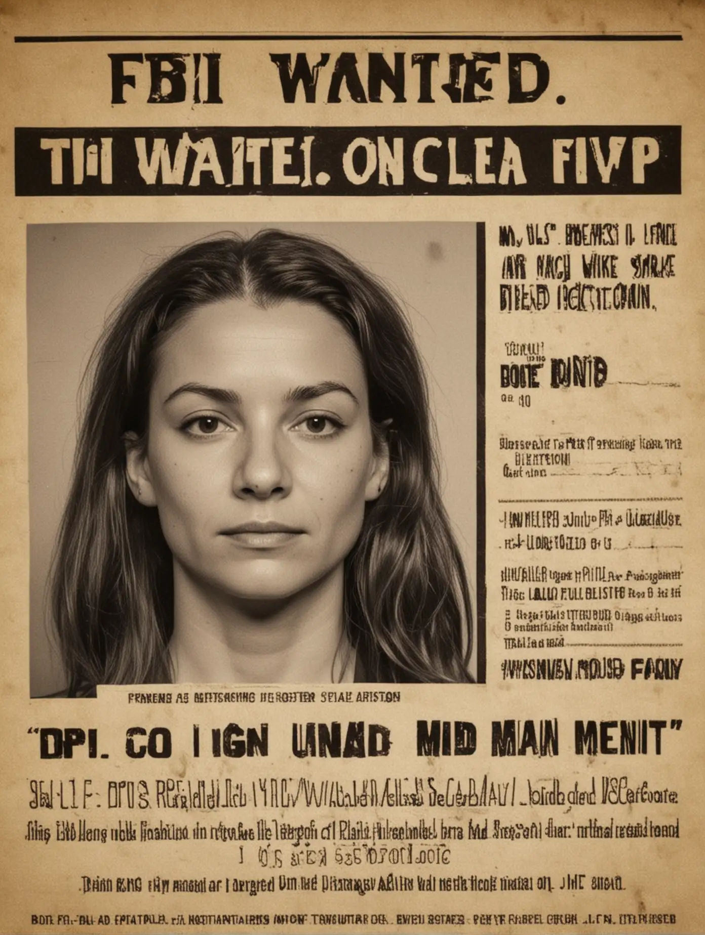 FBI wanted poster with a mugshot of a woman
