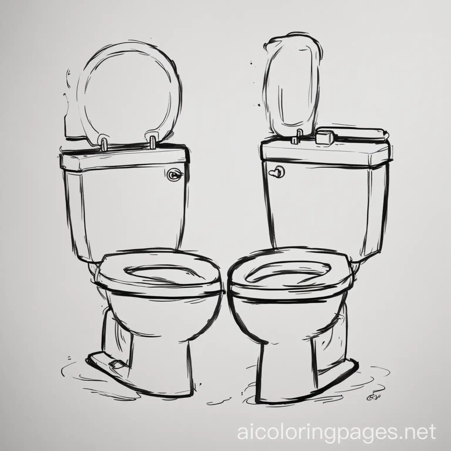 Toilets fighting eachother, Coloring Page, black and white, line art, white background, Simplicity, Ample White Space. The background of the coloring page is plain white to make it easy for young children to color within the lines. The outlines of all the subjects are easy to distinguish, making it simple for kids to color without too much difficulty