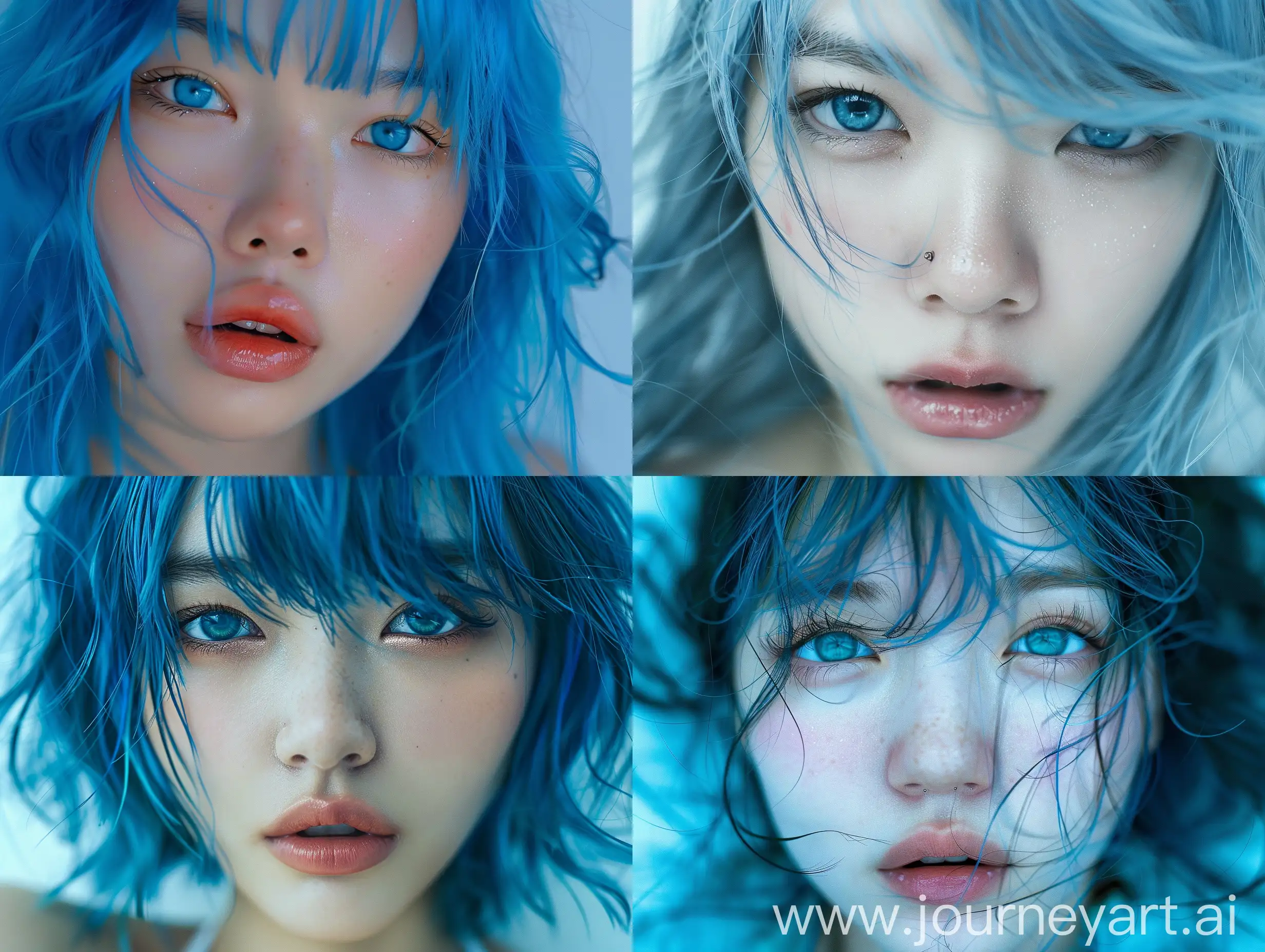 亚洲女性，蓝色头发，蓝色眼睛，高鼻梁，性感