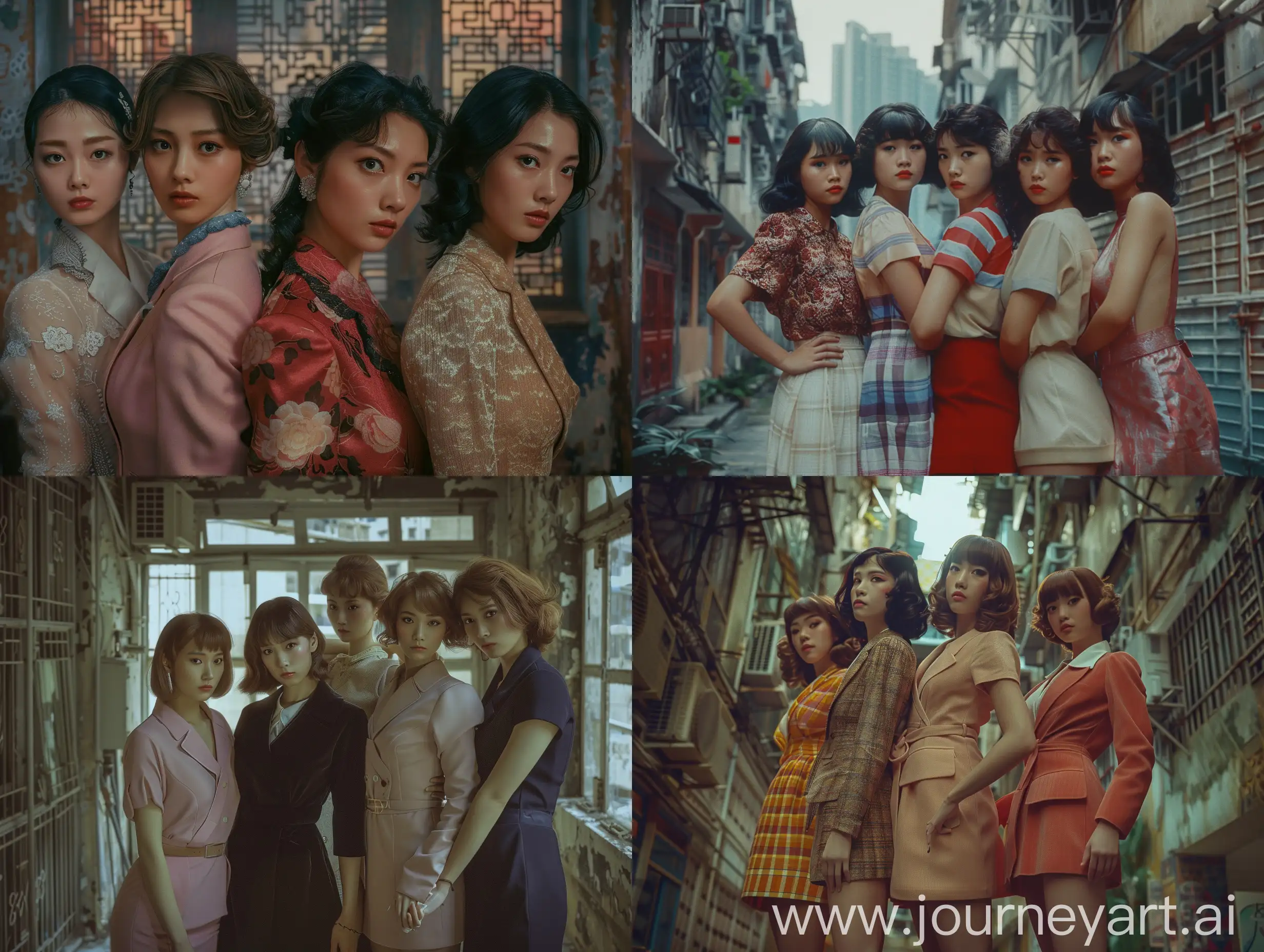 Portrait photo, cinematic, realistic, Film still, 5 girls, Hong Kong actresses in the 190s, 20-23 years old, pure, retro fashion, loneliness, Hong Kong 1980s, movie shooting location, old-style architecture, directed by Wong Kar-wai, photographed by Christopher Doyle, natural light, best quality, highres, extremely detailed CG, perfect lighting, 8k wallpaper