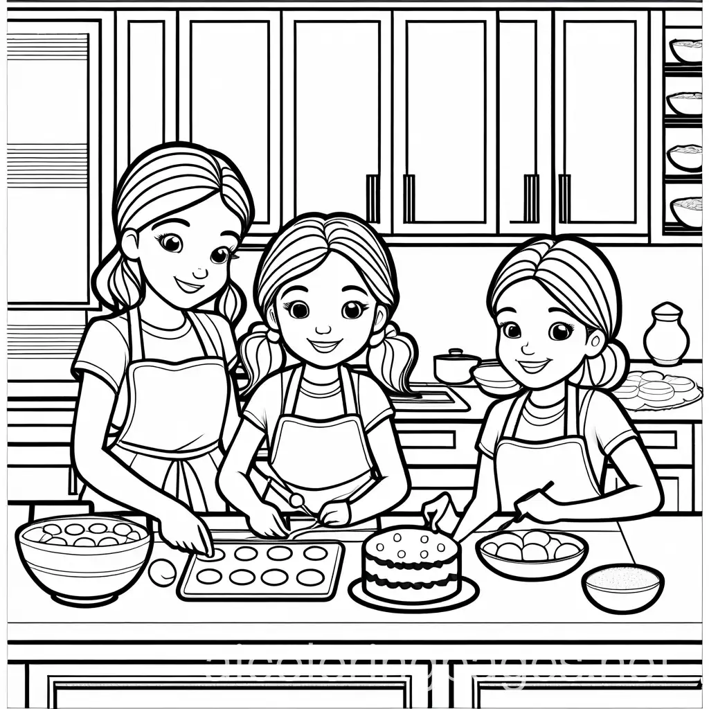 7 year old girls enjoying baking, Coloring Page, black and white, line art, white background, Simplicity, Ample White Space. The background of the coloring page is plain white to make it easy for young children to color within the lines. The outlines of all the subjects are easy to distinguish, making it simple for kids to color without too much difficulty