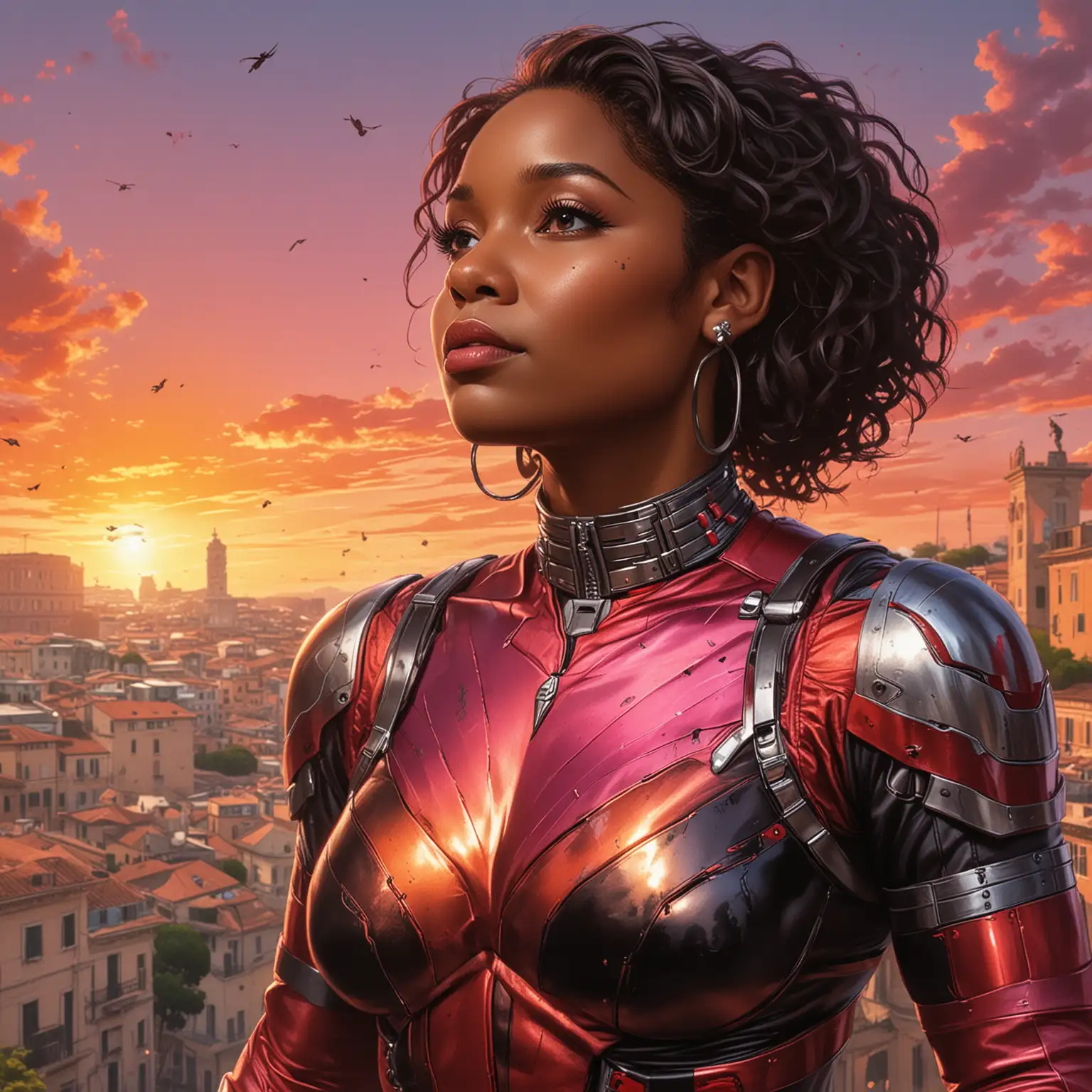 Cover of comic book featuring Ant Man, a superhero with the ability to shrink in size while increasing in strength.A breathtaking sunset over Rome, Italy showcasing vibrant hues of orange and pink painting the sky.Diamond Jewelry,  Necklace, Rings and earrings.Black woman painterly smooth, extremely sharp detail, finely tuned, 8 k, ultra sharp focus, illustration, illustration, art by Ayami Kojima Beautiful Thick Sexy Black women 