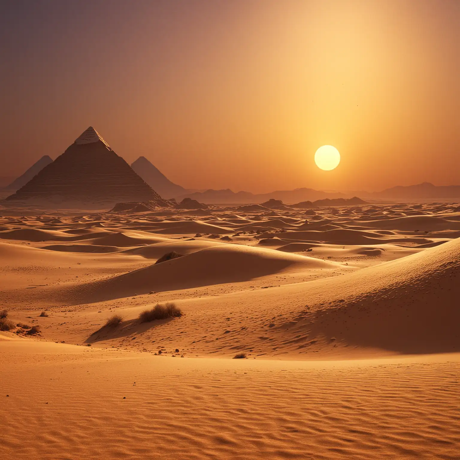 create an elegant egyptian  desert with sunset and gold light effects