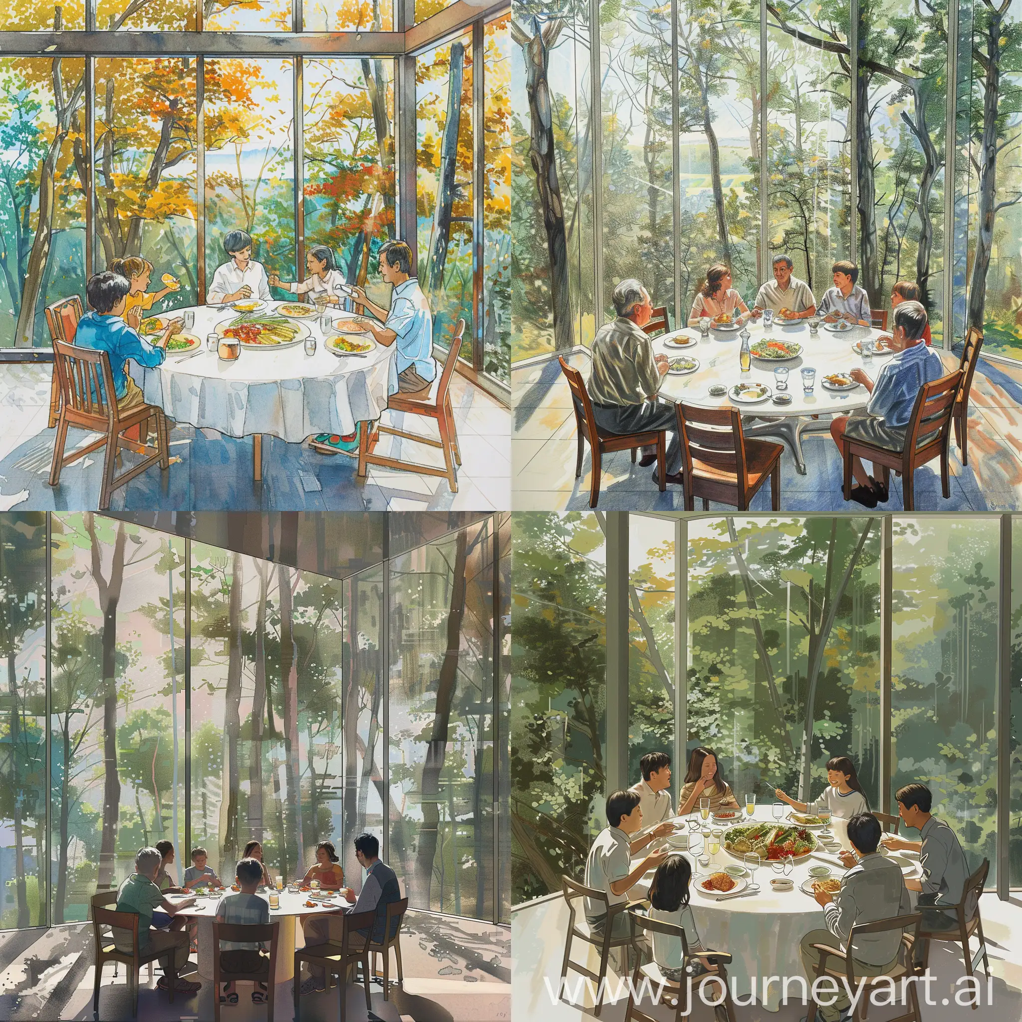 Draw a family of six eating dinner at a round white table in front of floor to ceiling windows overlooking lots of trees. The family of six comprises dad, mom, 18 year old boy, 16 year old girl, 14 year old boy and 11 year old girl. 
