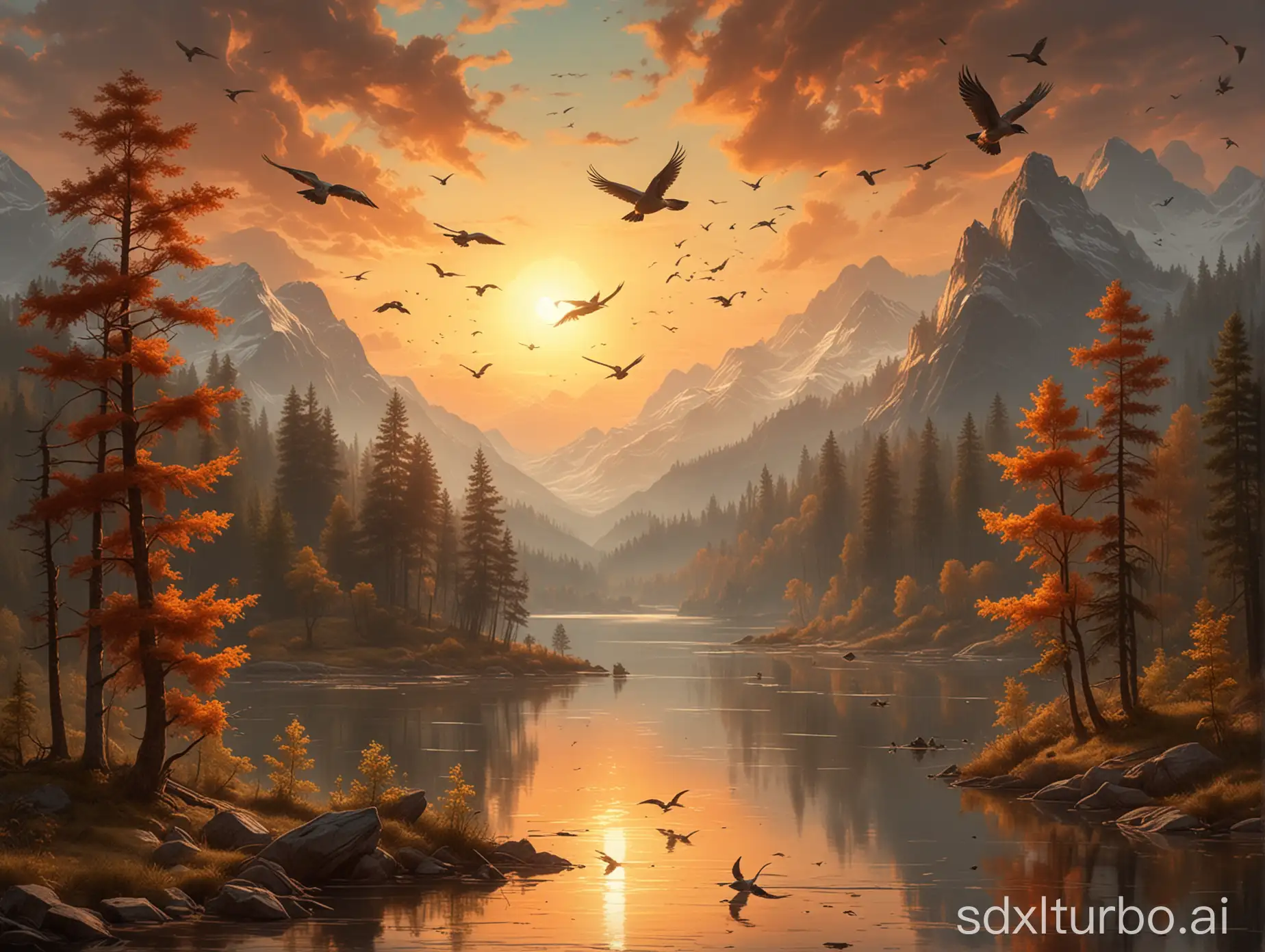 Flying birds backlit by the sunset over a beautiful landscape of forests, mountains and lakes, in the style of Johann Jakob Frey