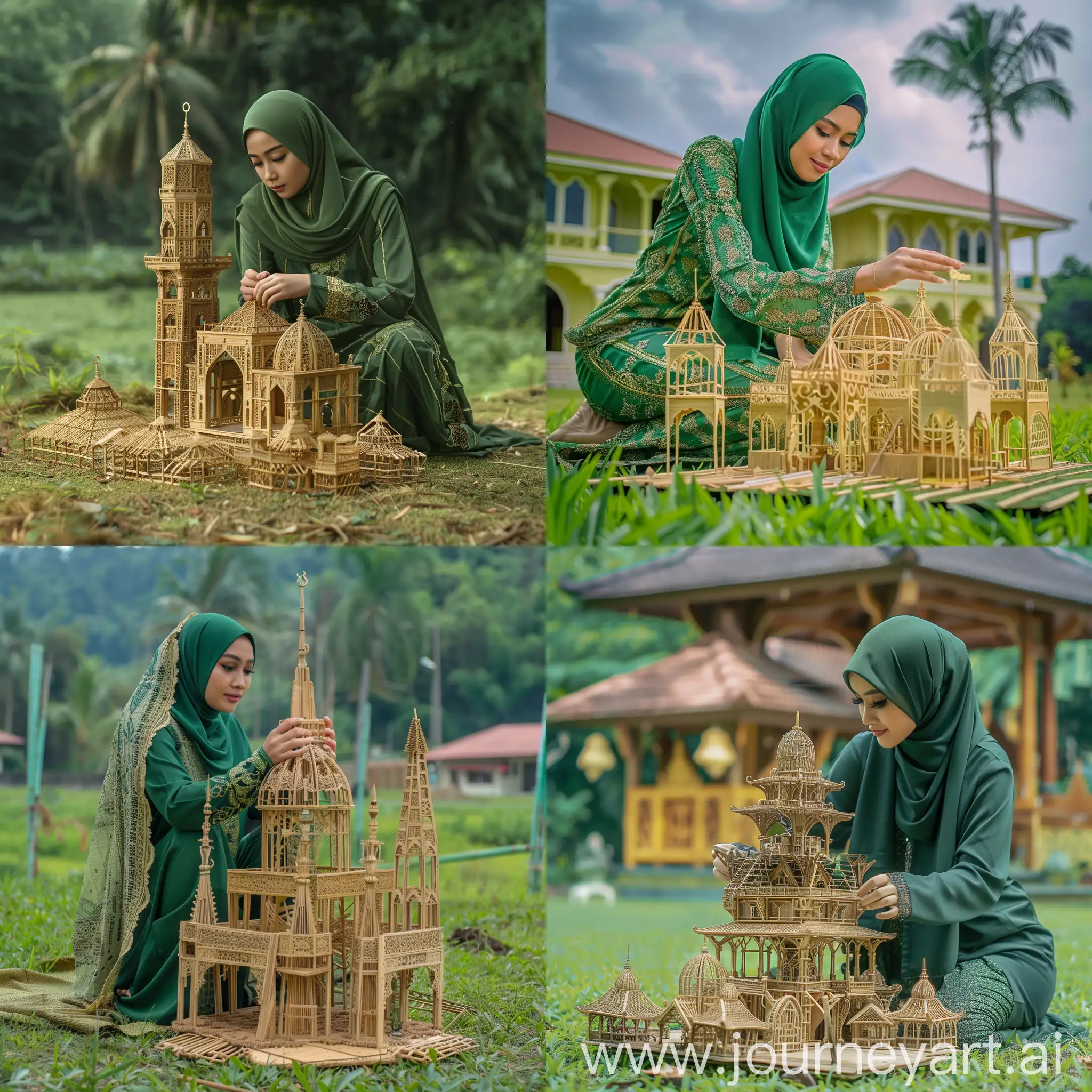 seorang wanita hijab cantik memakai baju desa panjang hijau tua, dan celana panjang. wanita itu sedang membuat miniatur masjid bambu besar seperti rumah asli besarnya diatas rumput hijau.wide angle. ada pemandangan indah.