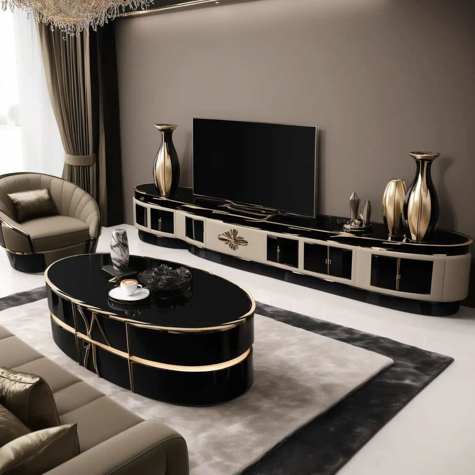 Luxurious Modern Living Room Furniture Set in Anthracite and Khaki Tones