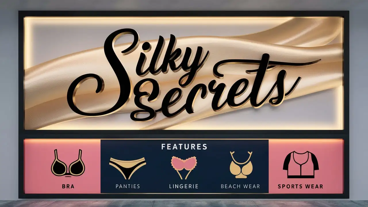 Get me a sign board design for my shop named "Silky Secrets" where we sell Bra, Panty, Babydolls, Lingerie, Beach Wear, Sports Wear. (Let the board be divided into two sections, one the bigger selection for the shop name and other for the shop features)