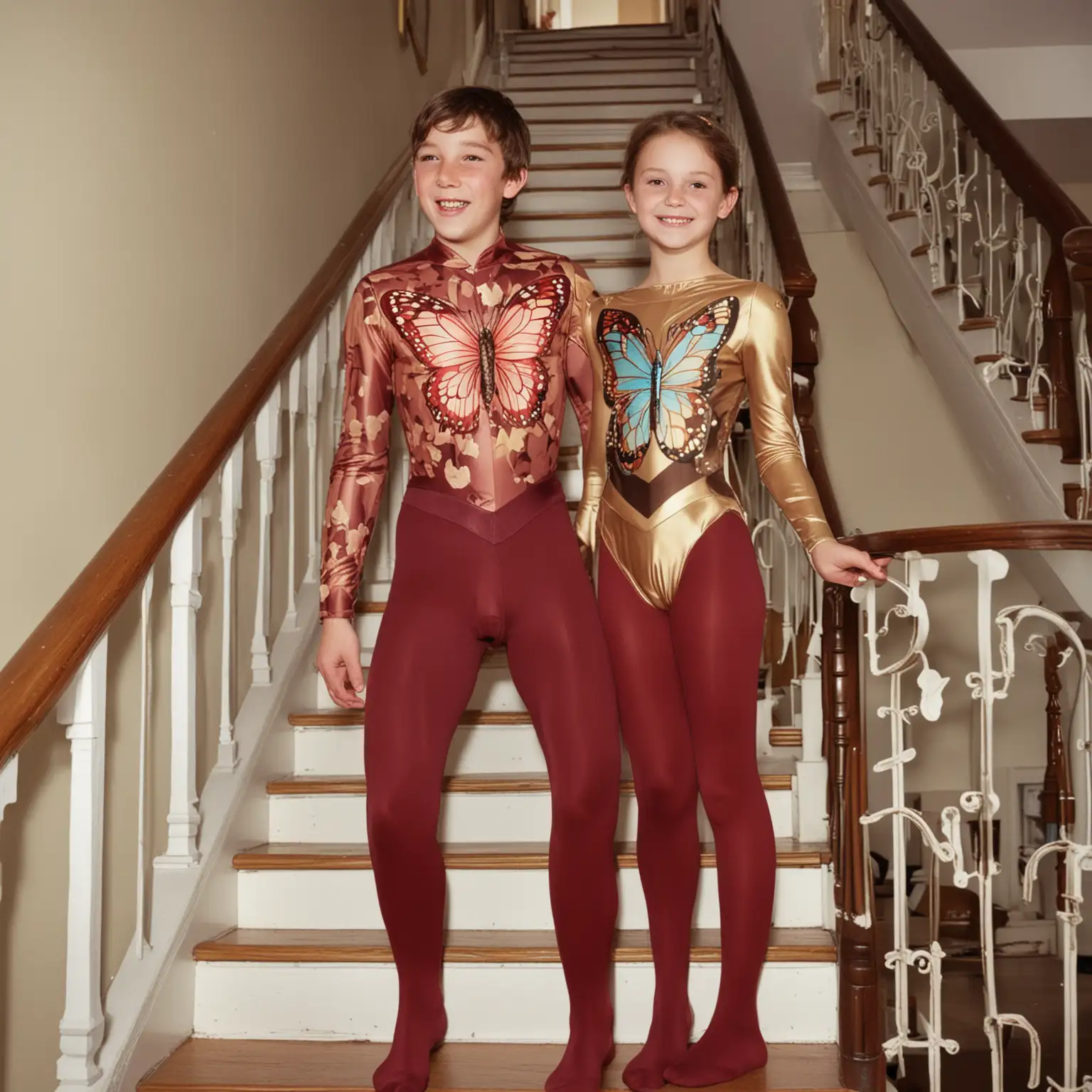 Teenage-Boy-and-Young-Woman-in-Butterfly-Costumes-Descending-Stairs-with-Smiles