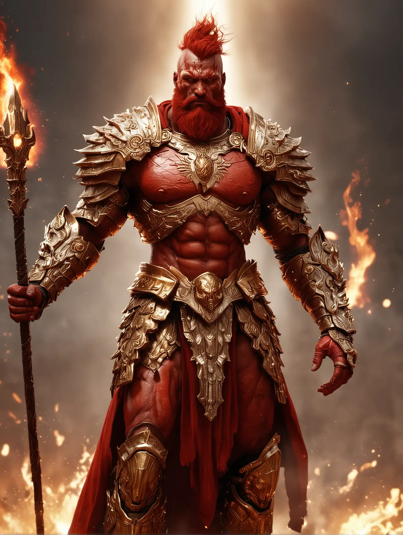 RedSkinned War God in Gold Centurion Armor Amidst Celestial Flames
