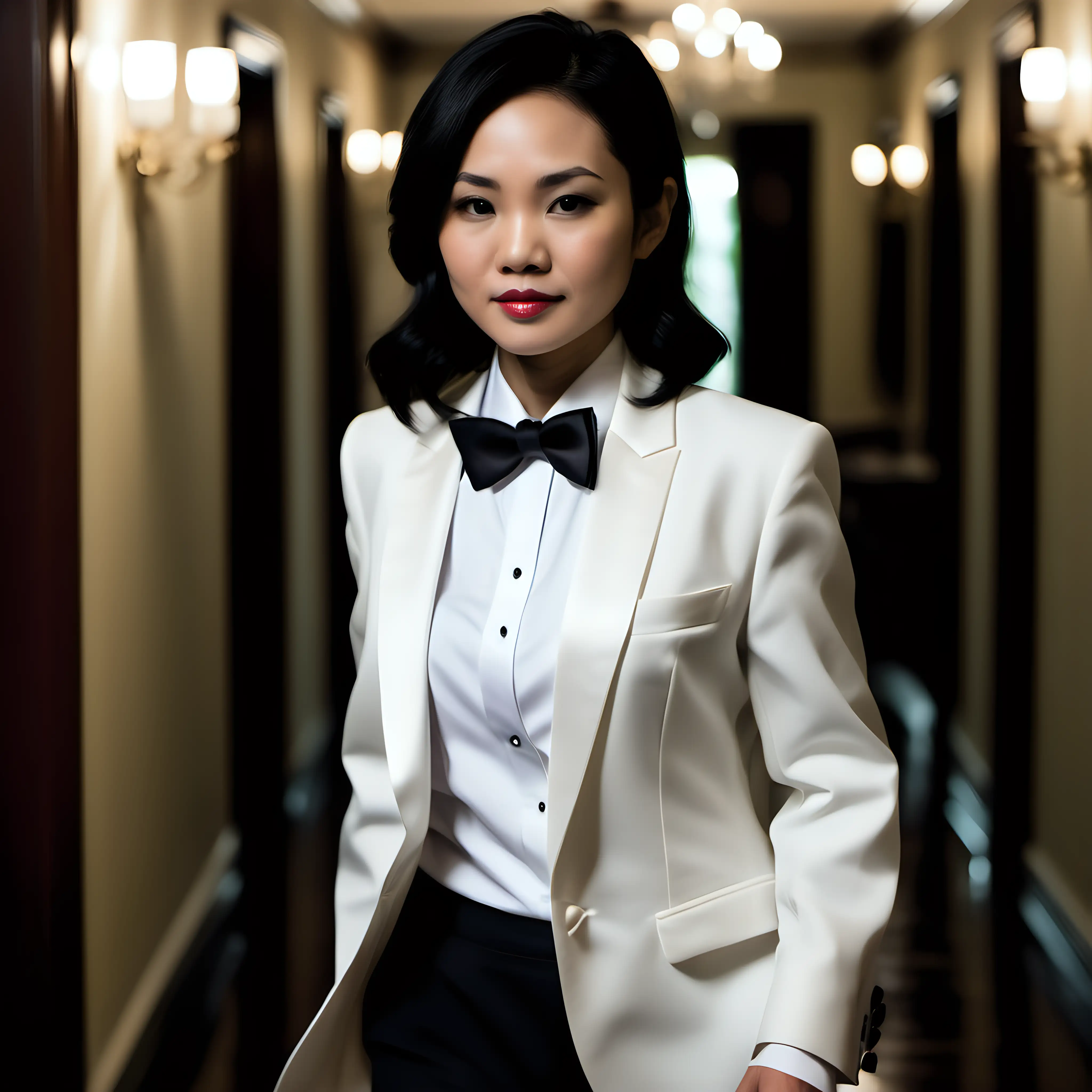 A petite 35-year-old attractive Vietnamese woman with black shoulder-length hair, wearing a formal tuxedo with an ivory dinner jacket, a black bow tie, and black cufflinks. Her shirt has French cuffs. The jacket is open and has a corsage. She is walking down a dark hallway in a mansion.