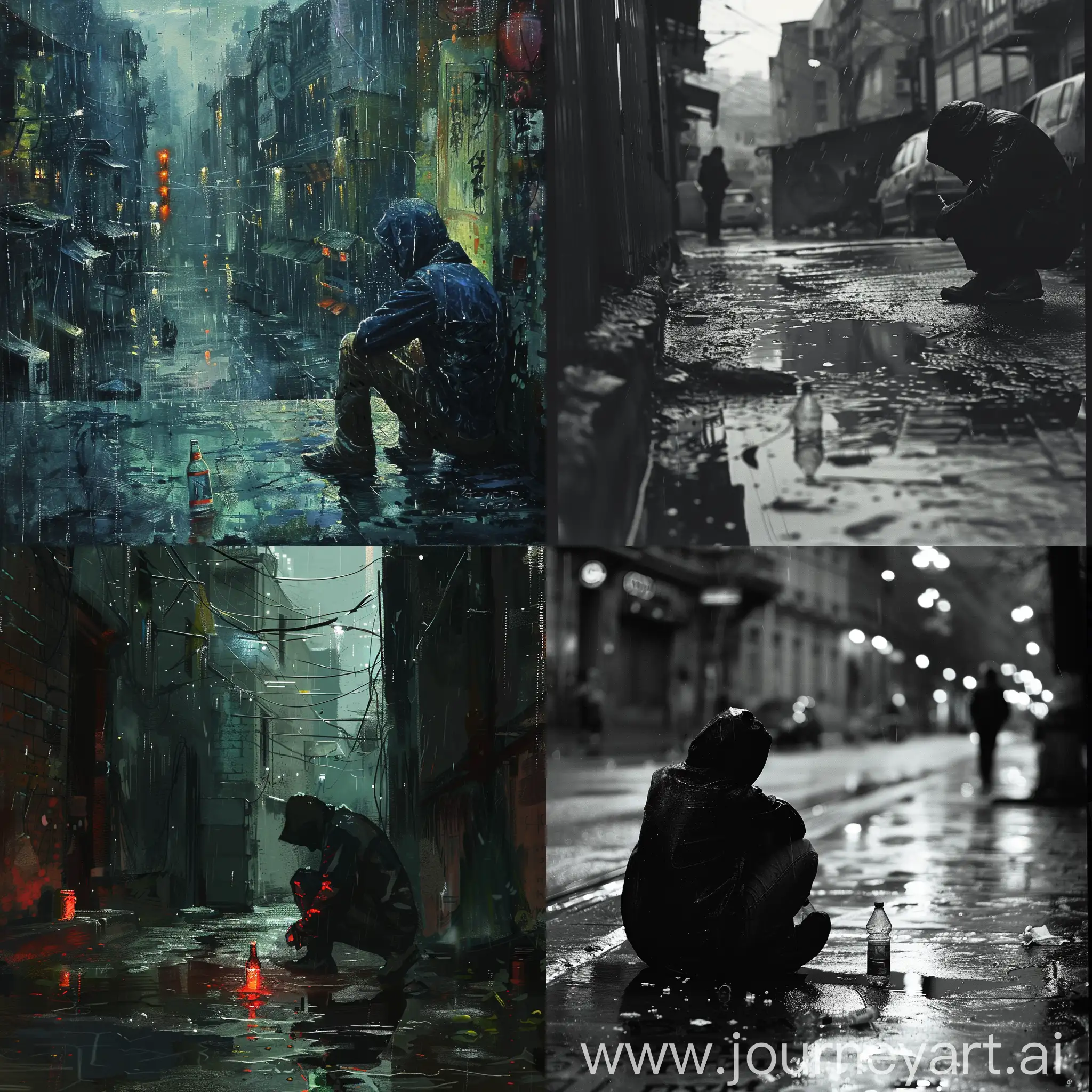 Man-Squatting-on-Rainy-Street-with-Empty-Bottle