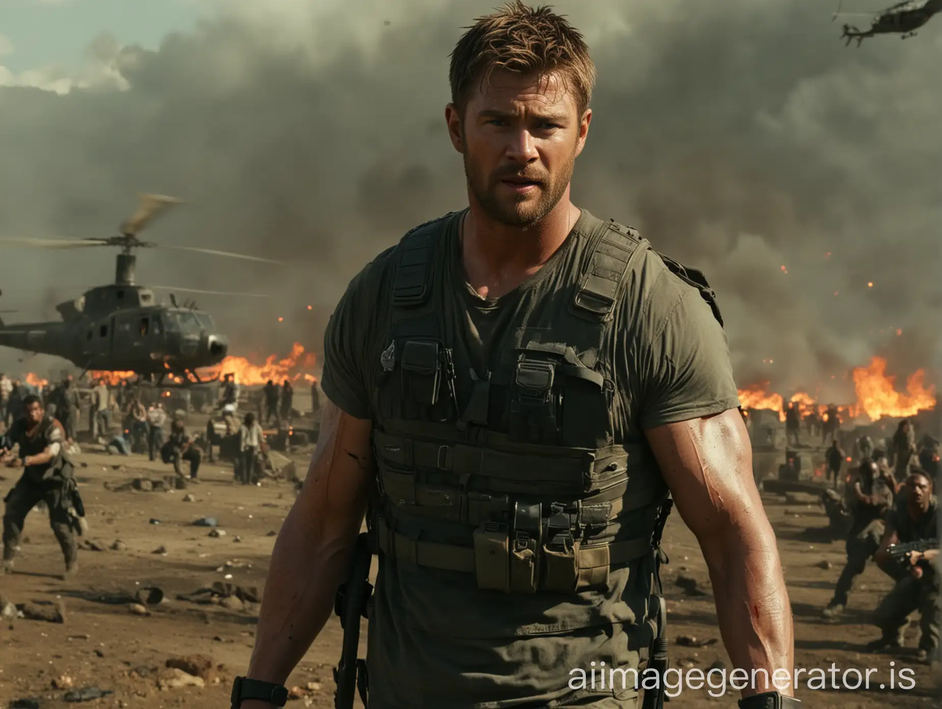 Extraction 3 - First Trailer, wounded and stunning army look of Chris Hemsworth, holding gun in hand, fire in background, helipad in sky, zombie war