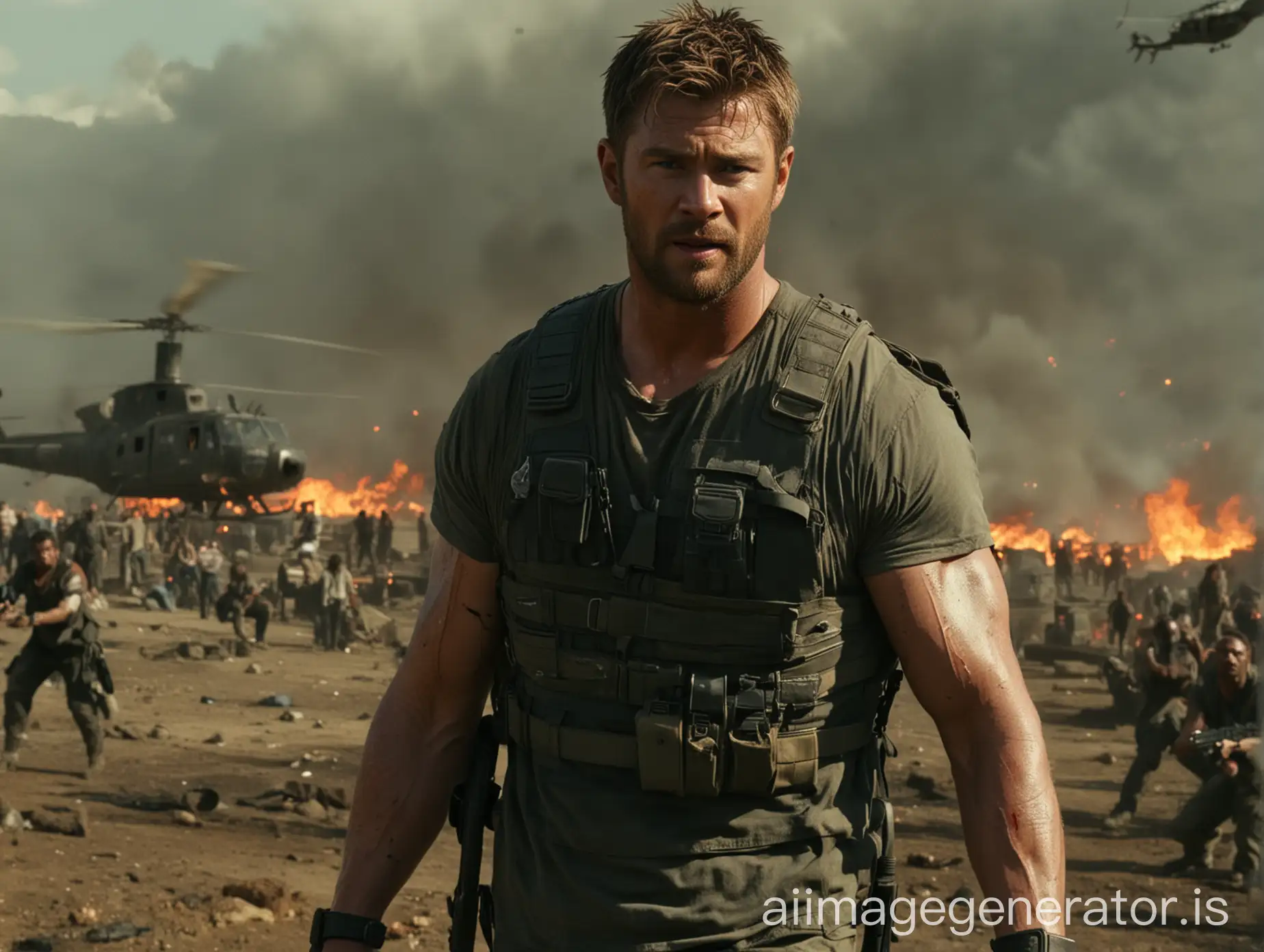 Chris-Hemsworth-in-Zombie-War-Wounded-Army-Look-with-Gun-and-Helipad