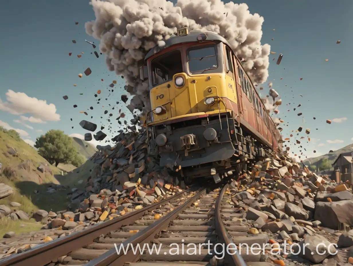 generate a 3d a train falling down into pound. use the renderman nderer.3d. digital art. high definition, high contrast, high color saturation.