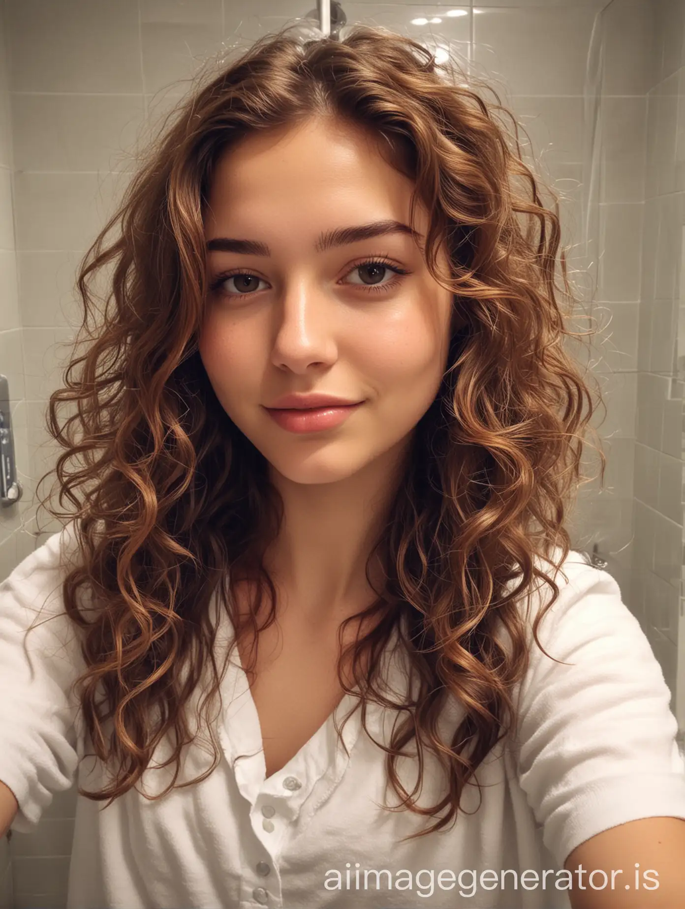 Young-Woman-with-Brown-Wavy-Hair-Taking-SelfPortrait-in-Bathroom