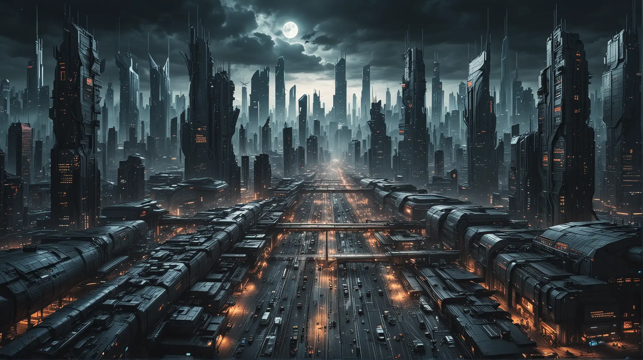 a giant cyberpunk city with skyscrapers, aeroport, railway station, steel, glass, stone, dark night, bird's eye view