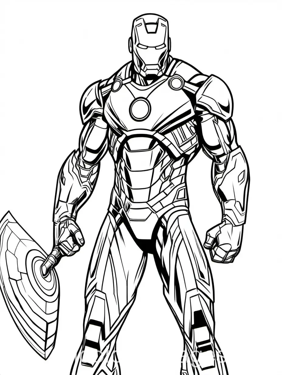 Marvel Characters coloring pages, white background, iron-man, thor, high quality images, coloring pages, Coloring Page, black and white, line art, white background, Simplicity, Ample White Space. The background of the coloring page is plain white to make it easy for young children to color within the lines. The outlines of all the subjects are easy to distinguish, making it simple for kids to color without too much difficulty
