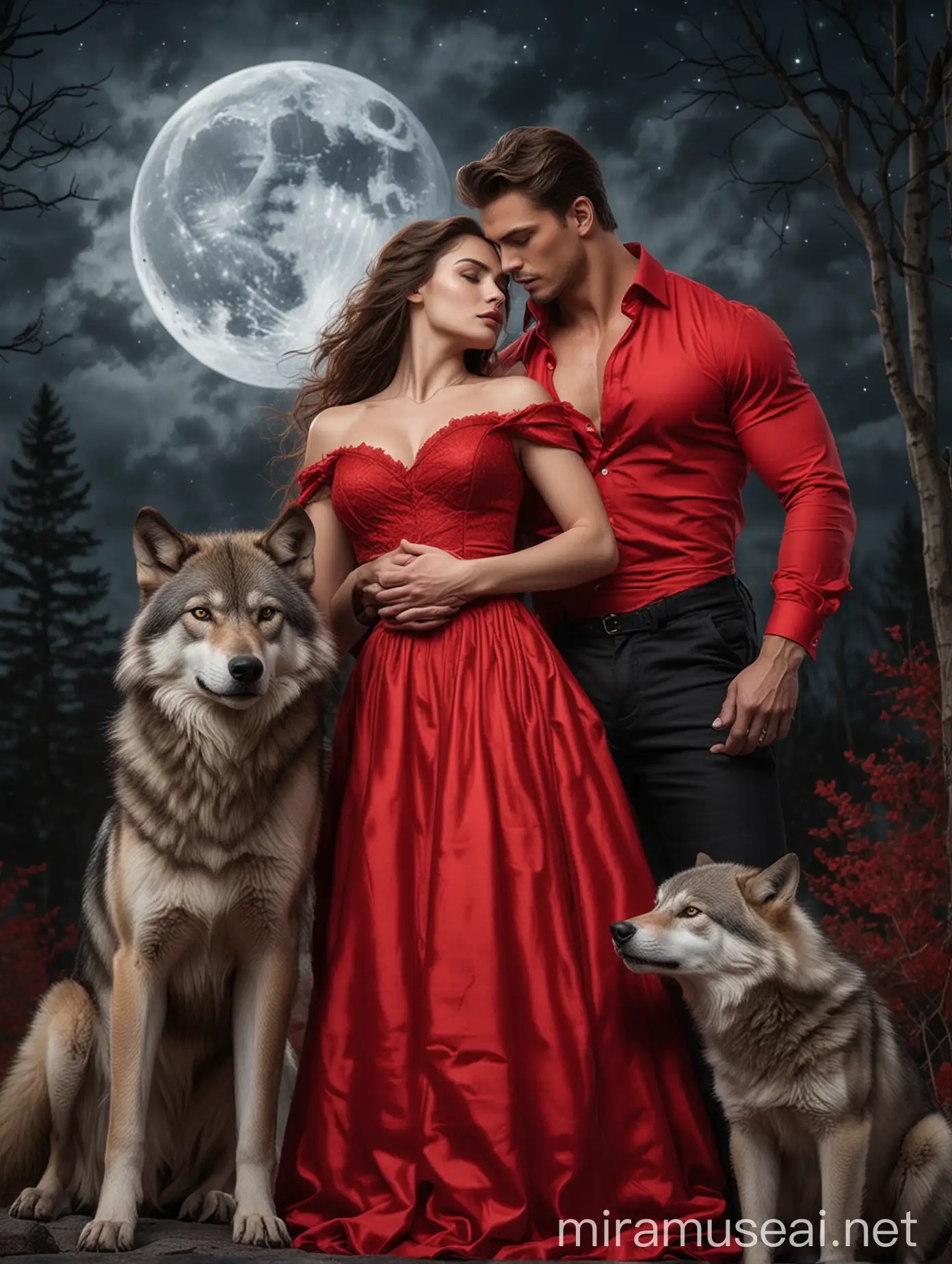Romantic Couple in Red Dress with Wolves Under Moonlight