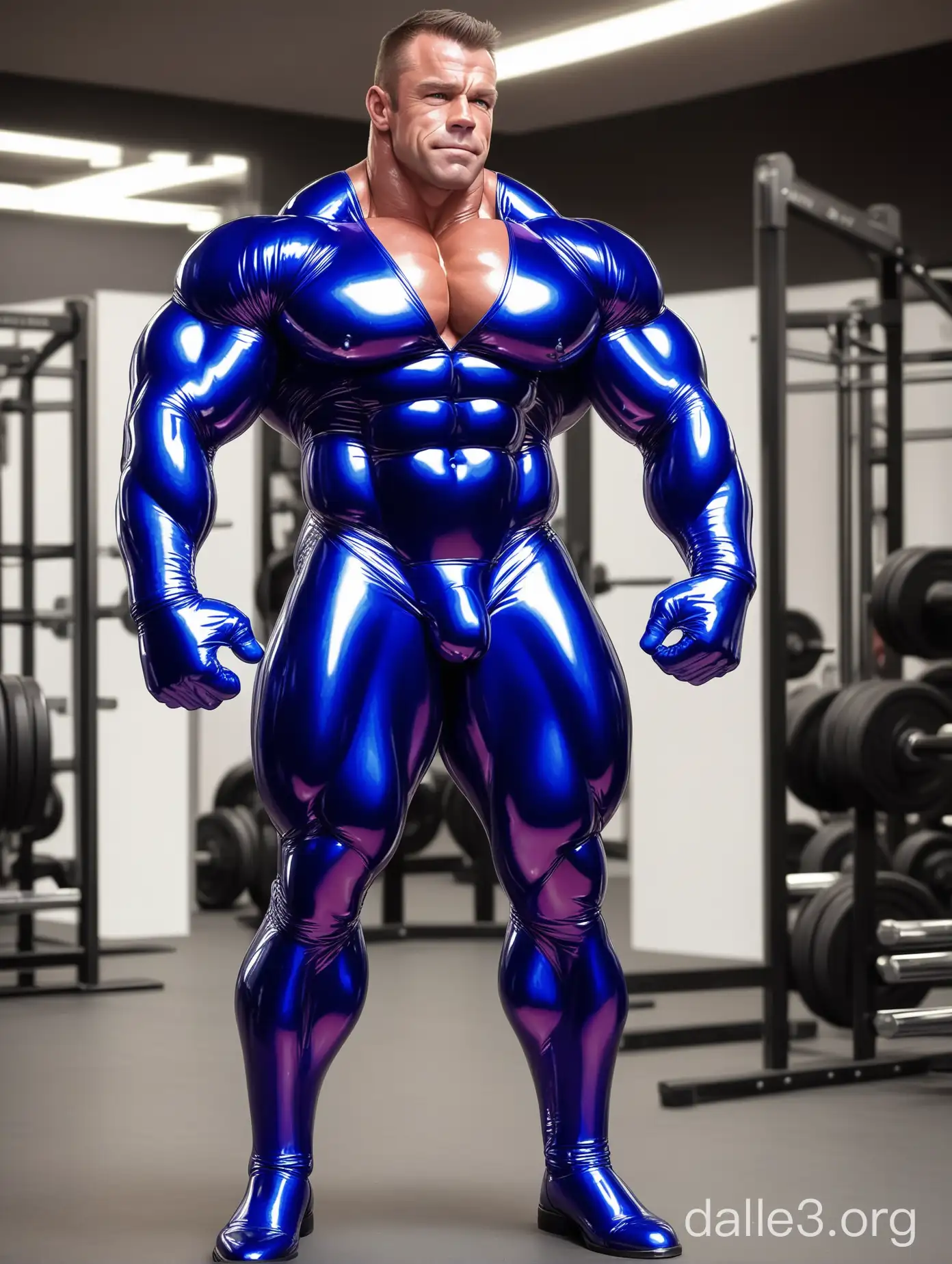 Muscled man bodybuilder in shiny beefy latex costume 