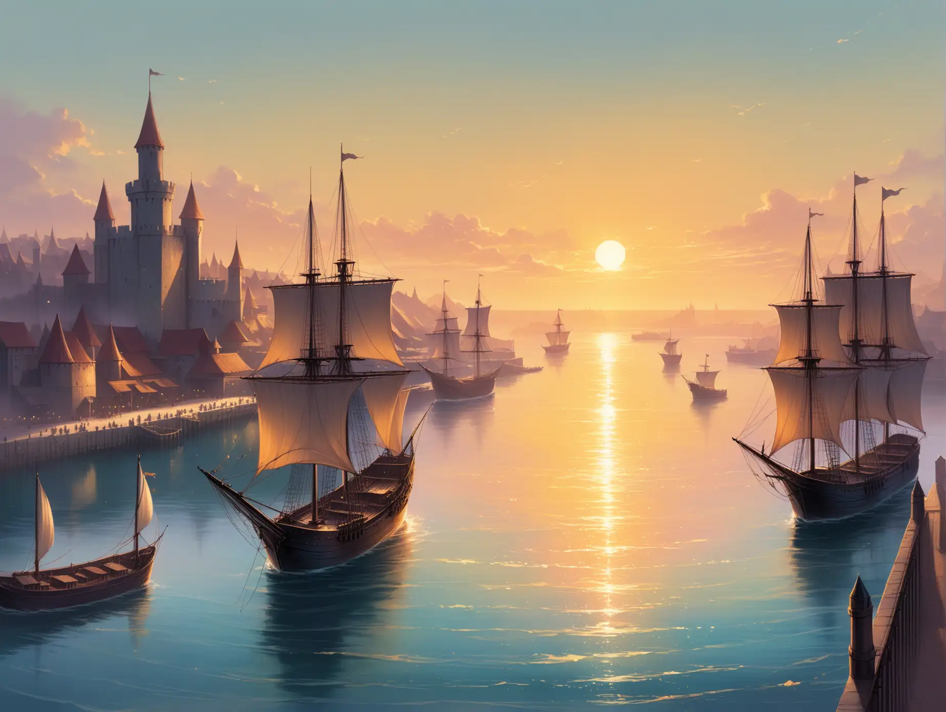 Port, morning, small ships with sails in the port, medieval times, distant background, fantasy, Charlie Bowater, pastel