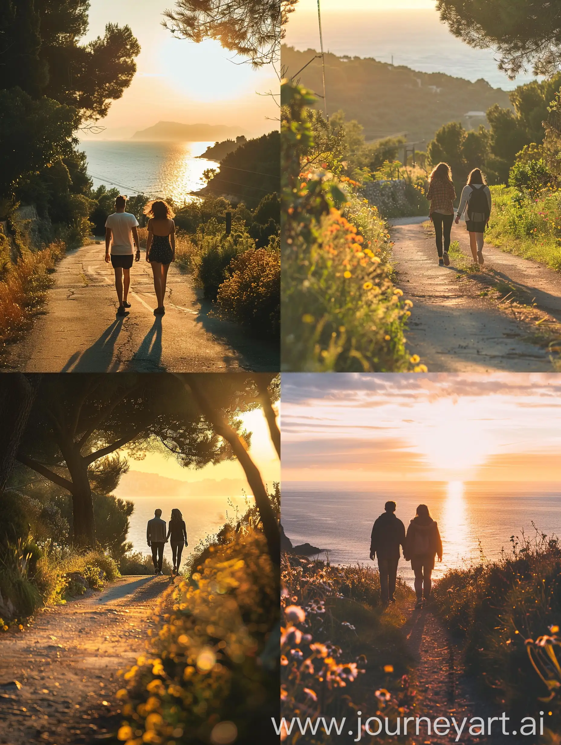 a photo of two people walking from their backs while discussing, such as accompaniment, mentoring, professional exchanges, on a country road towards the sea with the sun, banks of flowers trees  