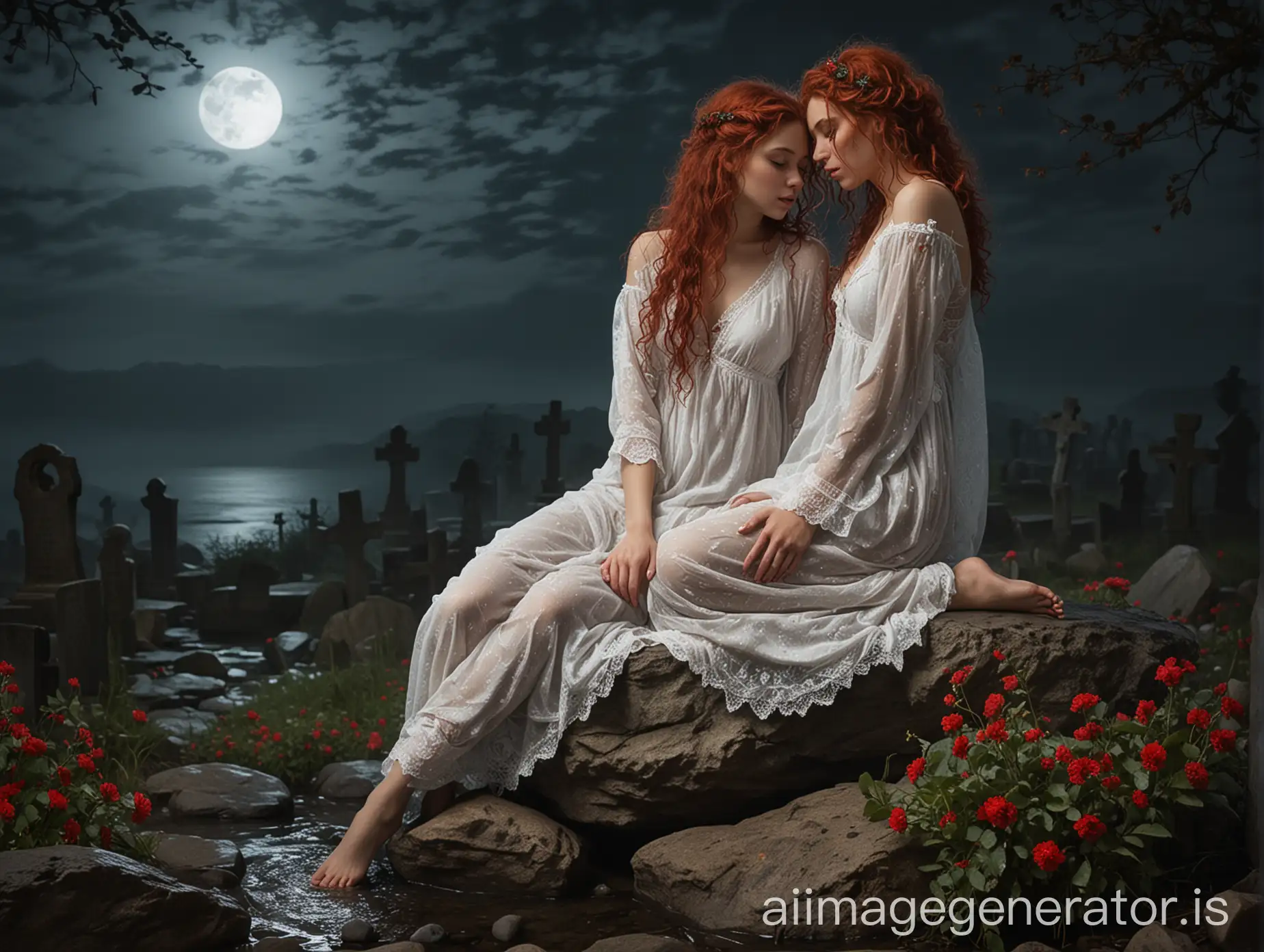 cris ortega inspired art style,  femjoy, two women hugging sitting on a wet rock, lantern on a rock, white lace intricate long raggedy translucent nightgown, very rainy weather, wet oily body , woman with a braided white hair, woman with a red curly hair, woman arms in tattooes, backlight, red delicate flowers at woman's feet, dark night sky, midnight at a graveyard, fullmoon, foggy background