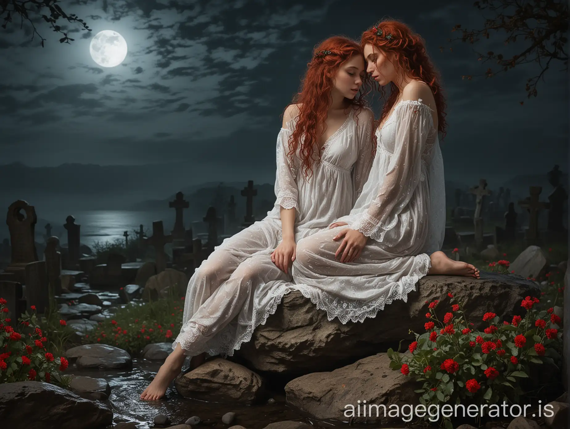 cris ortega inspired art style,  femjoy, two  women hugging sitting on a wet rock, lantern on a rock, white lace intricate long raggedy translucent nightgown, very rainy weather, wet oily body , woman with a braided white hair, woman with a red curly hair, woman arms in tattooes, backlight, red delicate flowers at woman's feet, dark night sky, midnight at a graveyard, fullmoon, foggy background