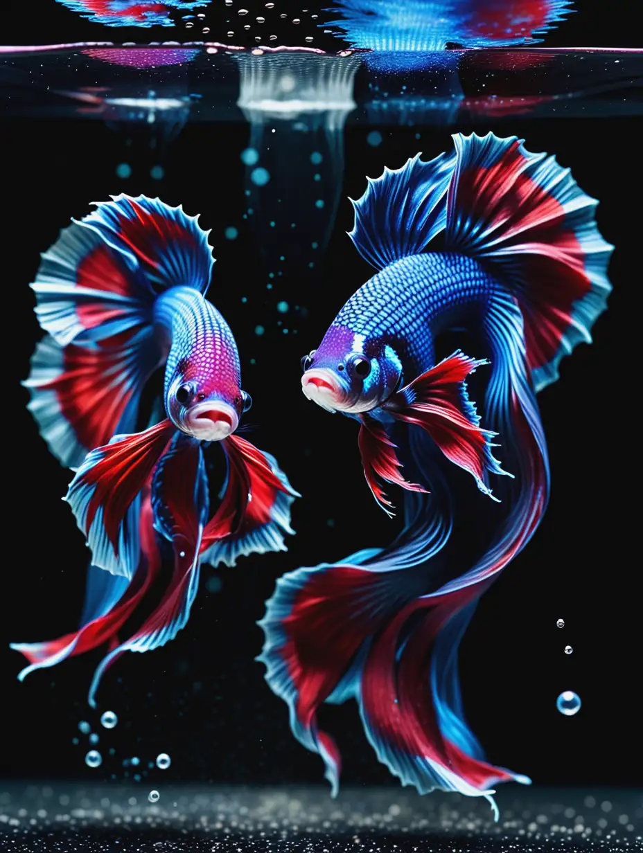 The image depicts two betta fish engaged in what appears to be a confrontation or display of aggression. Their vibrant colors, large flowing fins, and dramatic posturing make this scene visually striking. The background, with black speckles suggesting water bubbles or splashes, adds to the dynamic effect. Overall, it captures the intense interaction between these beautiful fish.