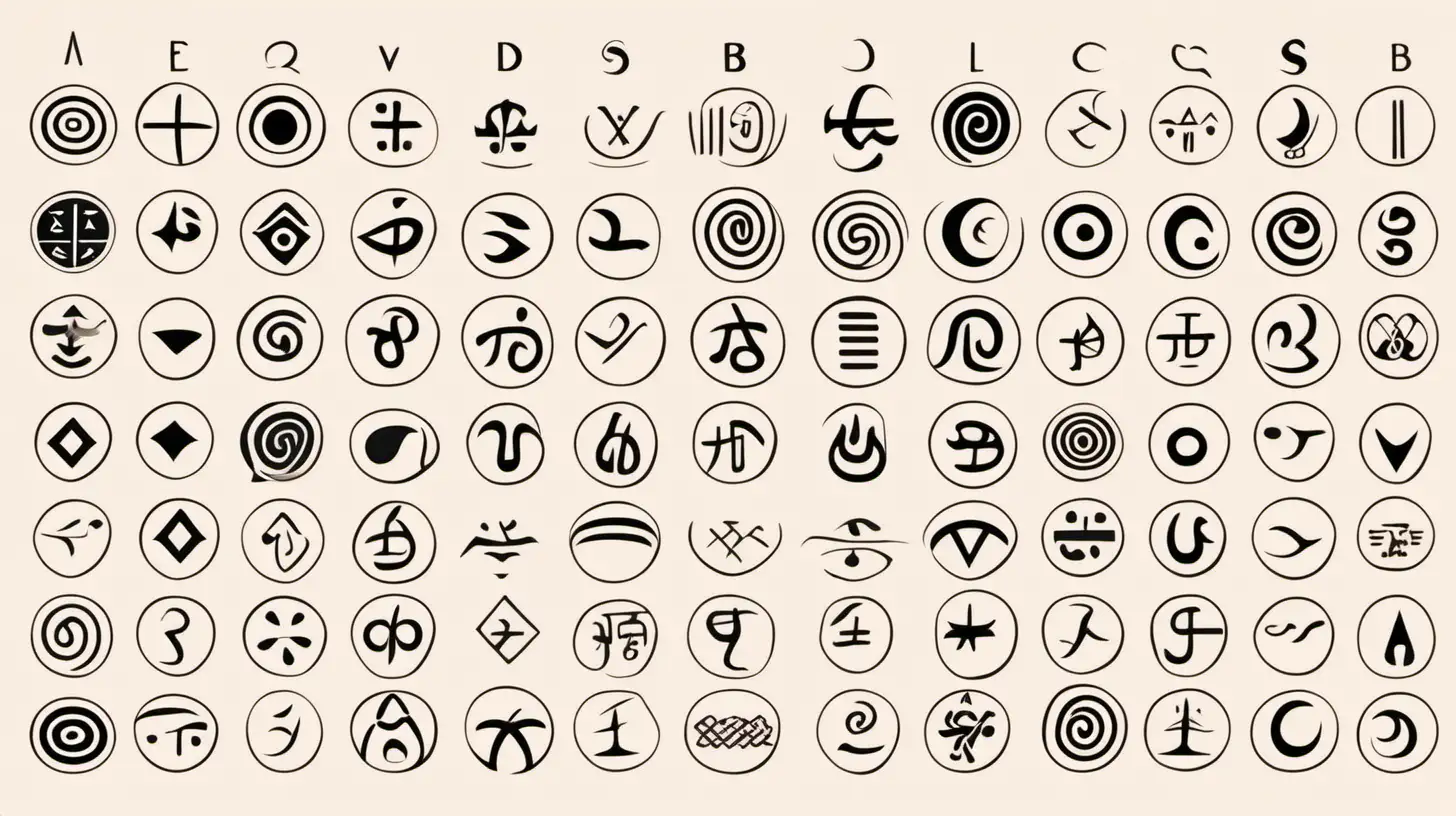 create a chart of symbols for an ancient language, white background
