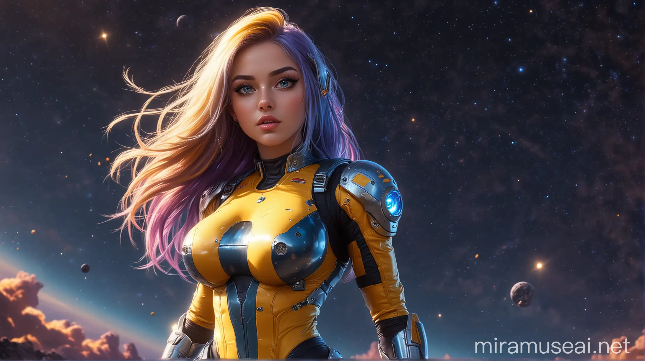 cartoon style, slim tall girl, futuristic weapon on the belt, sexy makeup, big eyes and fat lips, blue eyes, long hair, wild hair, colorful hair, fitness model, big boobs, wide hips, huge tits, tight spacesuit, high armored spacesuit, blue and yellow spacesuit, glowing spacesuit, night sky, stars, exploding planet in the sky