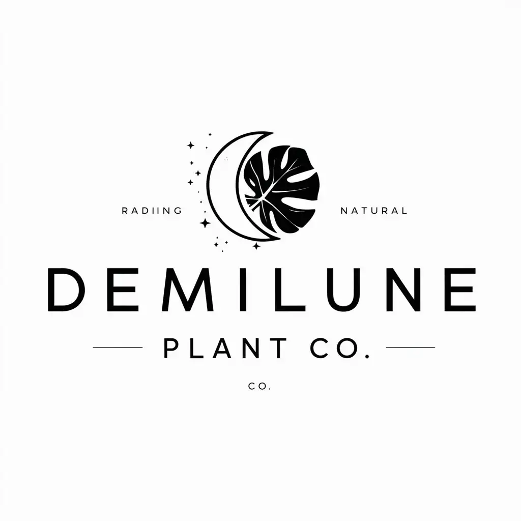 a logo design,with the text 'Demilune Plant Co', main symbol:Halfmoon fading and monstera leaf,Minimalistic,clear background