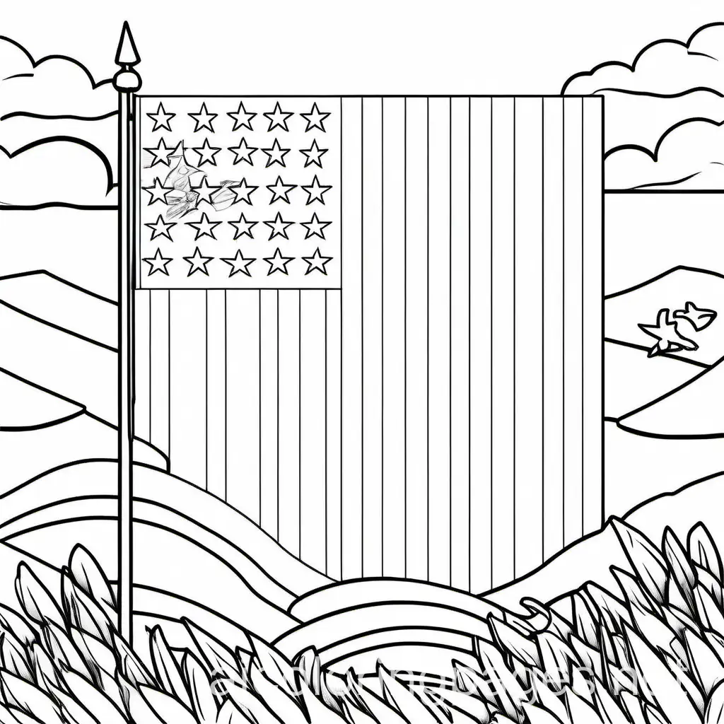 memorial day coloring page for children, Coloring Page, black and white, line art, white background, Simplicity, Ample White Space. The background of the coloring page is plain white to make it easy for young children to color within the lines. The outlines of all the subjects are easy to distinguish, making it simple for kids to color without too much difficulty