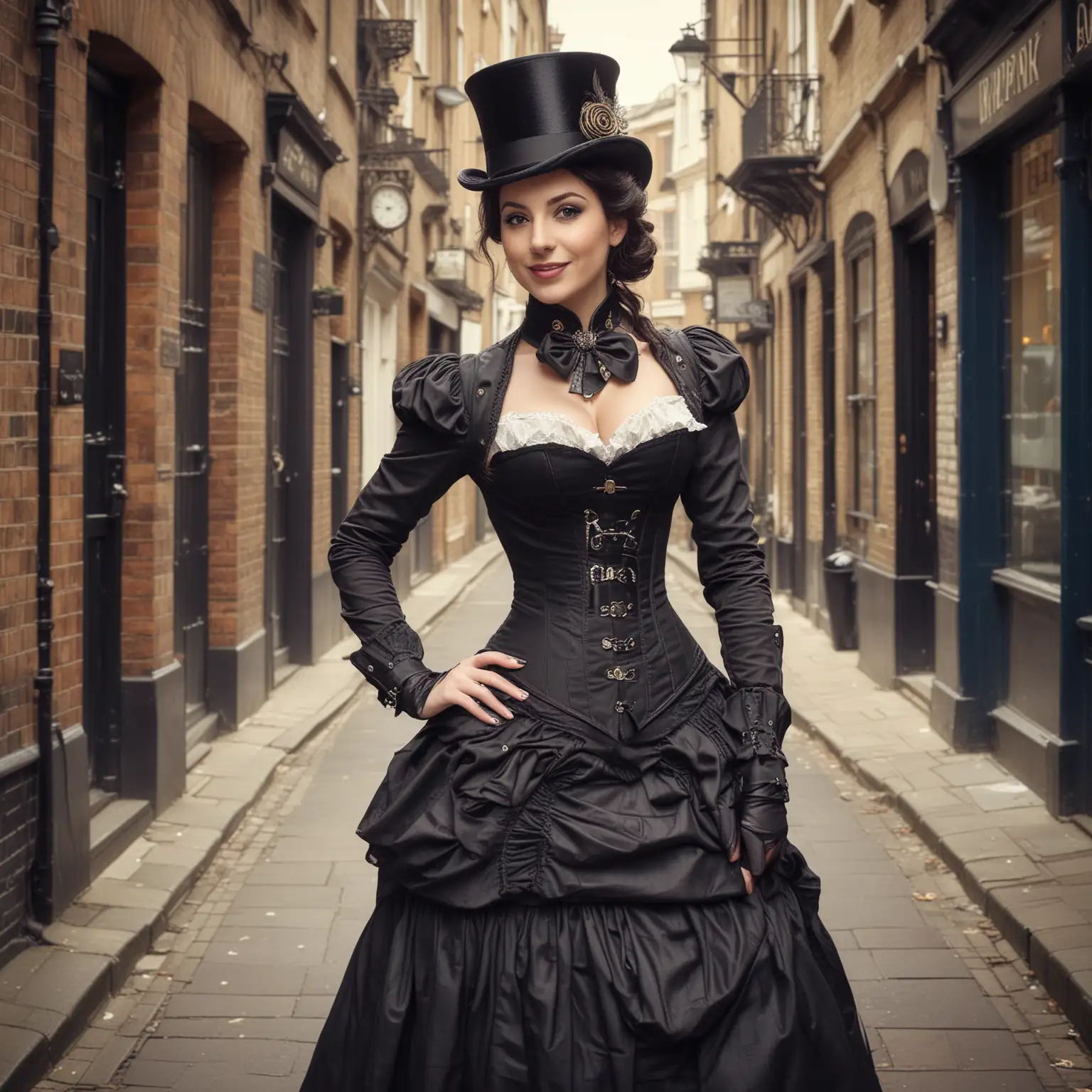 Confident Steampunk Victorian Gentlewoman in London Streets