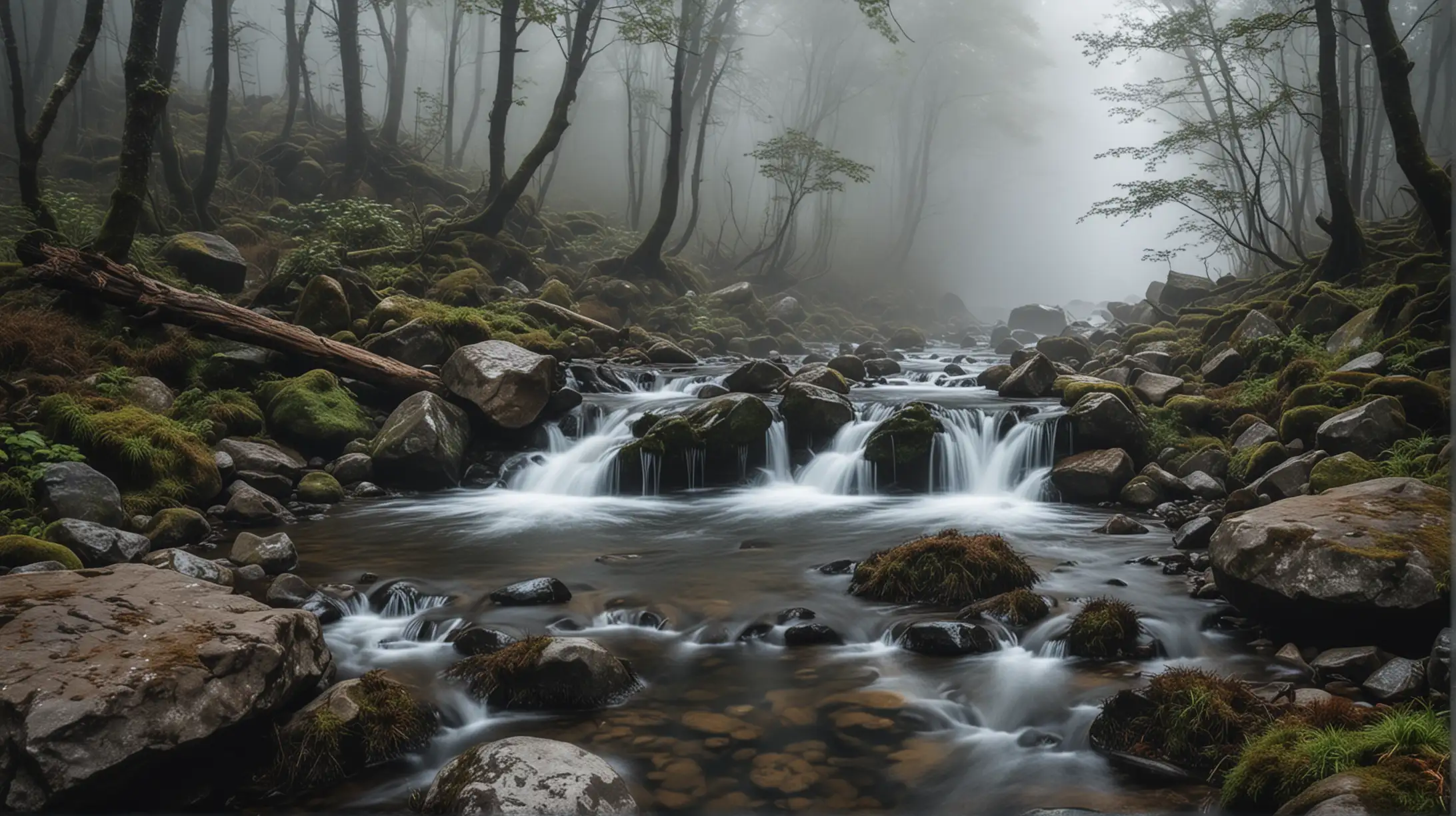 Tranquil Forest Stream Flowing Over Rocks in Ethereal Fog