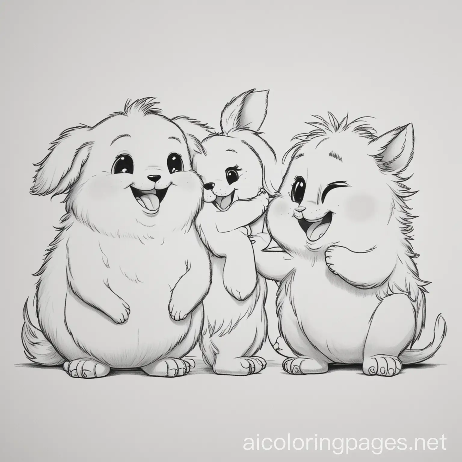 2 Tiere die Freunde sind und lachen, Coloring Page, black and white, line art, white background, Simplicity, Ample White Space. The background of the coloring page is plain white to make it easy for young children to color within the lines. The outlines of all the subjects are easy to distinguish, making it simple for kids to color without too much difficulty