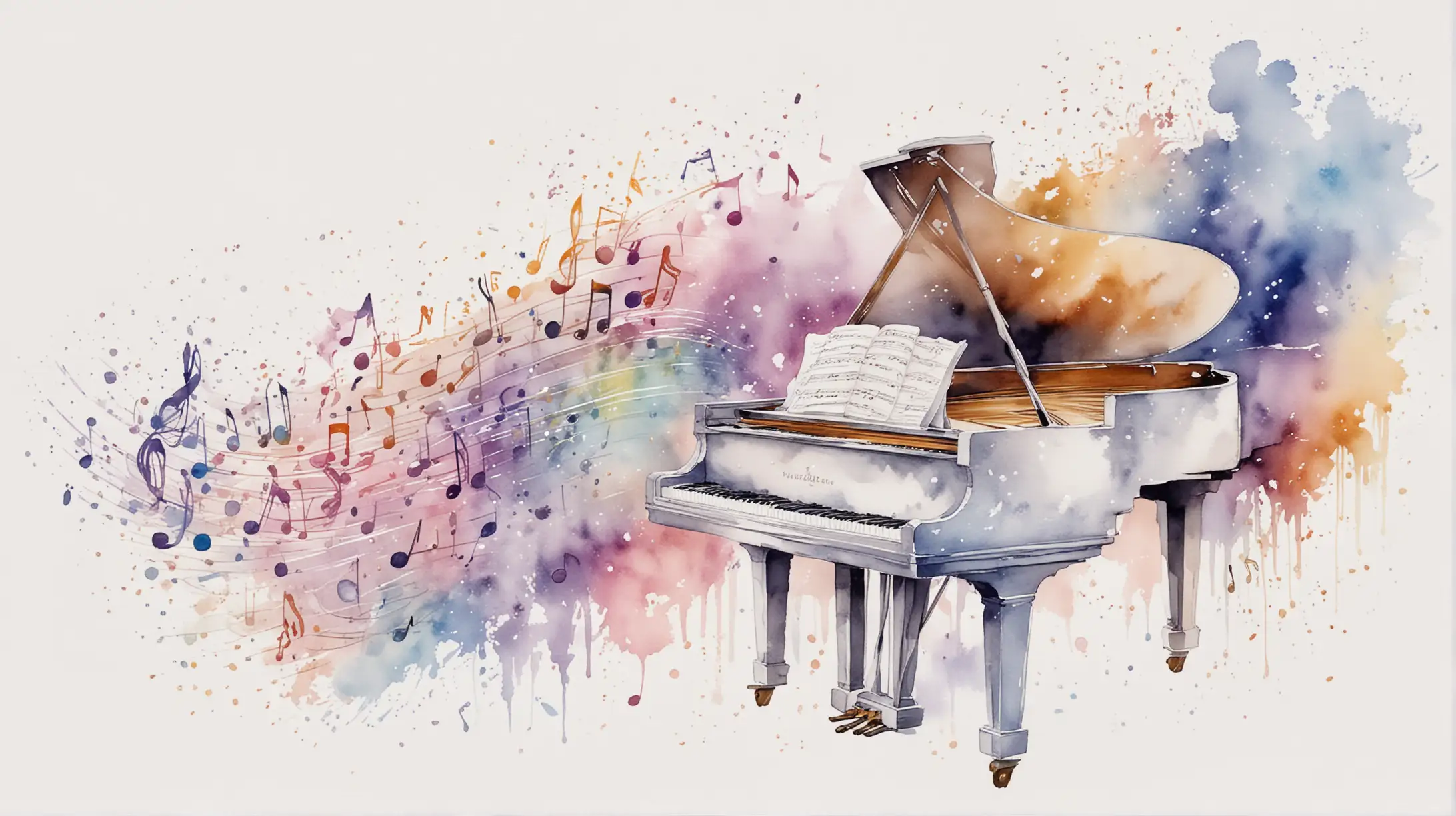 на белом фоне нарисовано акварелью,  пастельные оттенки нотный стан,  ноты, фортепиано, музыка, полет, ветер, фентези, вдохновение,  мечта