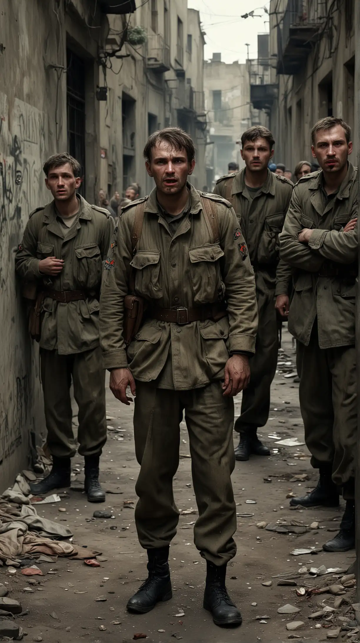 The image should capture the oppressive atmosphere of the time, with dark, shadowy alleys and crumbling buildings in the background. The soldier or policeman should be dressed in a drab uniform, with a stern expression on their face and a firm grip on the arms of the detained men.
The men being detained should appear frightened and submissive, with their hands raised in surrender and expressions of fear on their faces. Their clothing should be worn and tattered, reflecting the hardships faced by ordinary citizens under the Soviet regime.
Additional details such as flickering streetlights, graffiti-covered walls, and distant sounds of shouting or gunfire can help enhance the sense of tension and danger in the scene. Hyper realistic.