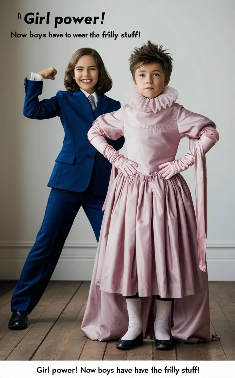 Gender role-reversal, Photograph of a 9-year-old smiling girl wearing a smart blue suit and trousers posing heroically, and a British white cute 7-year-old little moody boy with short smart spiky brown hair shaved on the sides standing awkwardly in a big thick pink Marie Antoinette dress with long silky gloves and a neck ruff, English, perfect children faces, perfect faces, smooth, the photograph is captioned “Girl power! Now boys have to wear the frilly stuff!”