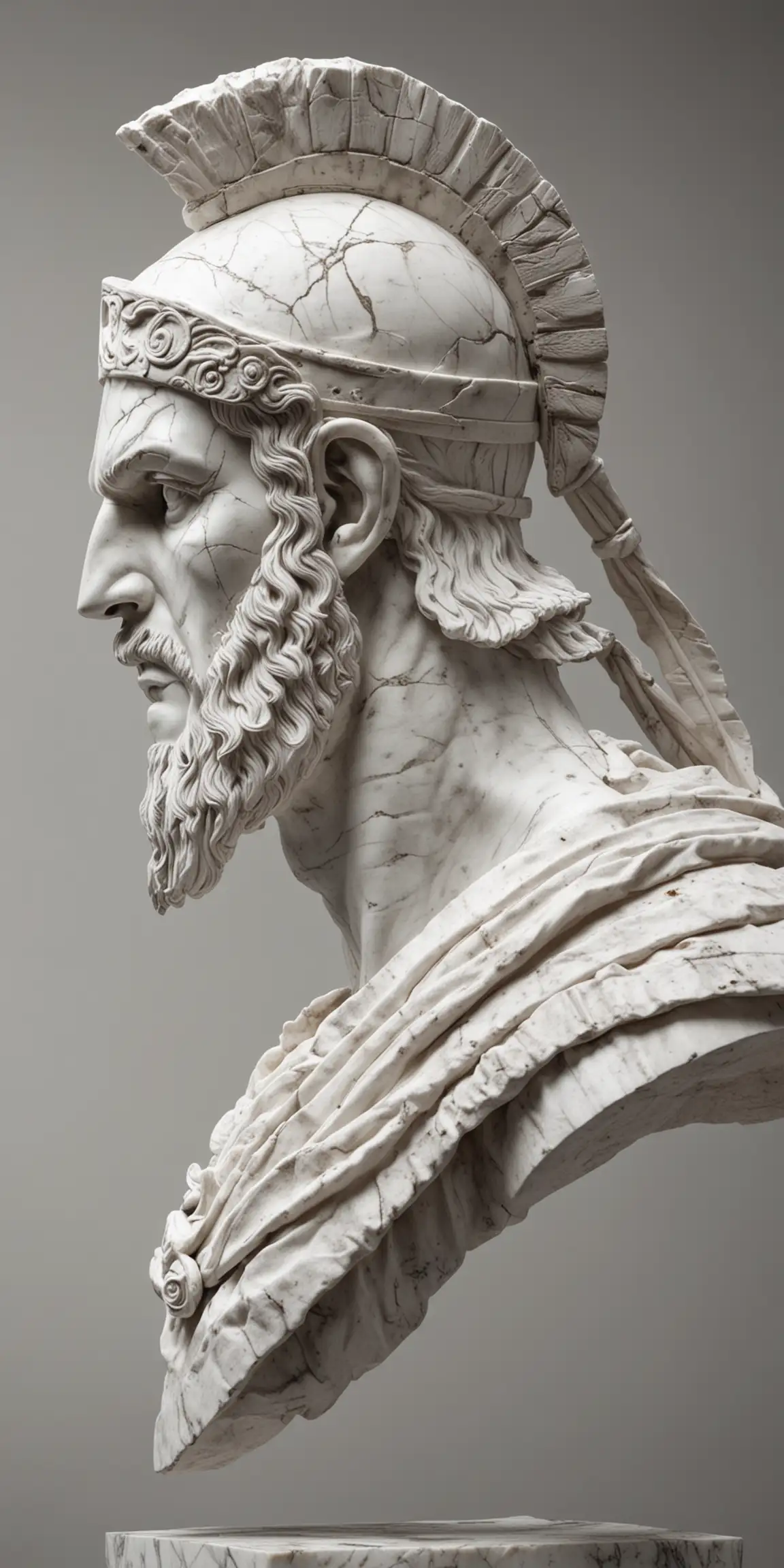 create a white marble statue of a Greek warrior,  we see his profile, he is wearing a spartan mask, the light comes from above,  the background is plain white