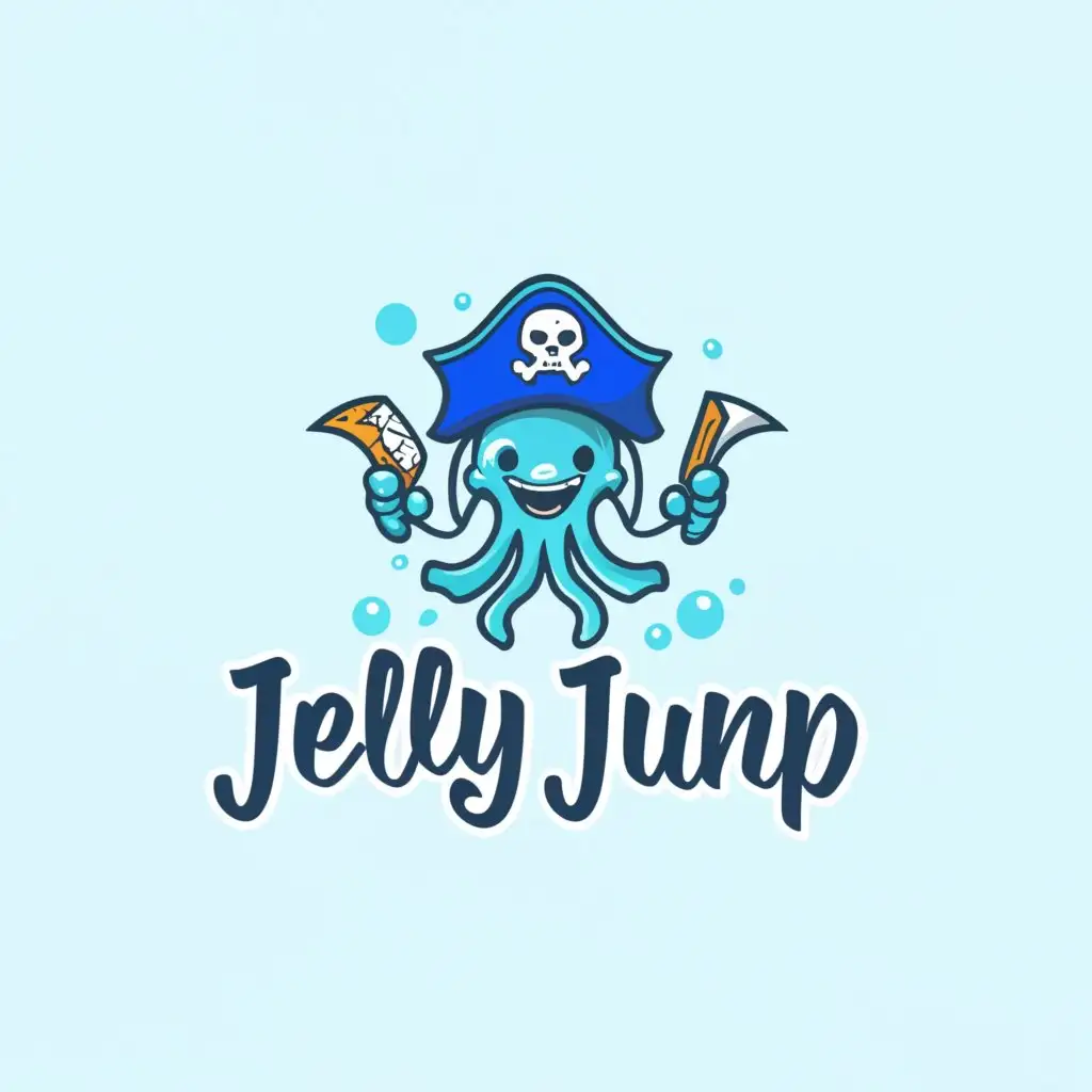 a logo design,with the text "Jelly Jump", main symbol:blue and white happy pirate jellyfish indoor playground ocean theme,Minimalistic,be used in kids indoor playground industry,clear background