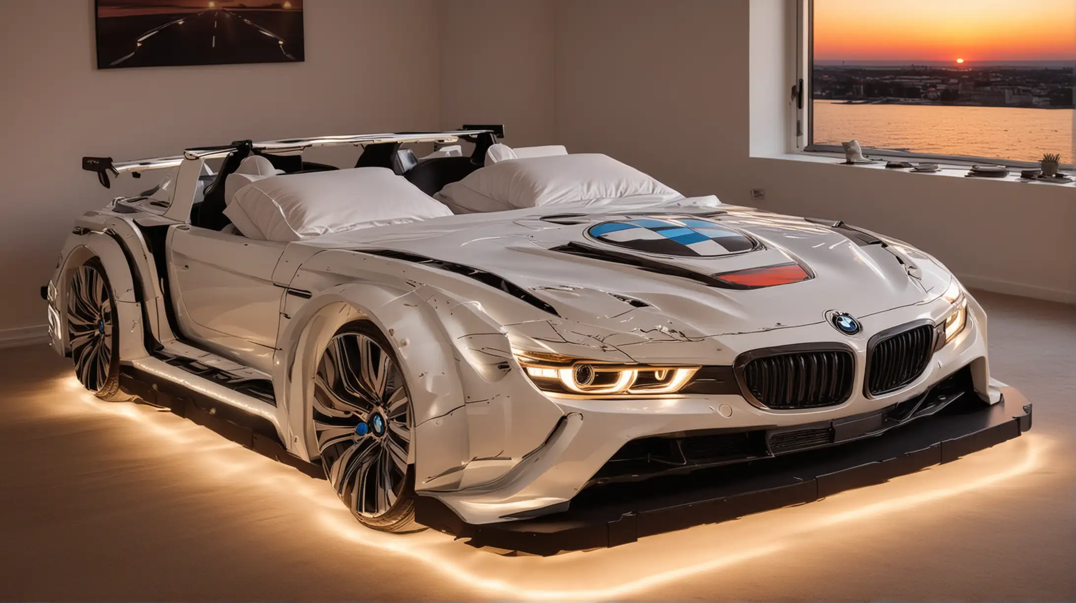 Double bed in the shape of a BMW car with headlights on and sunset graphics