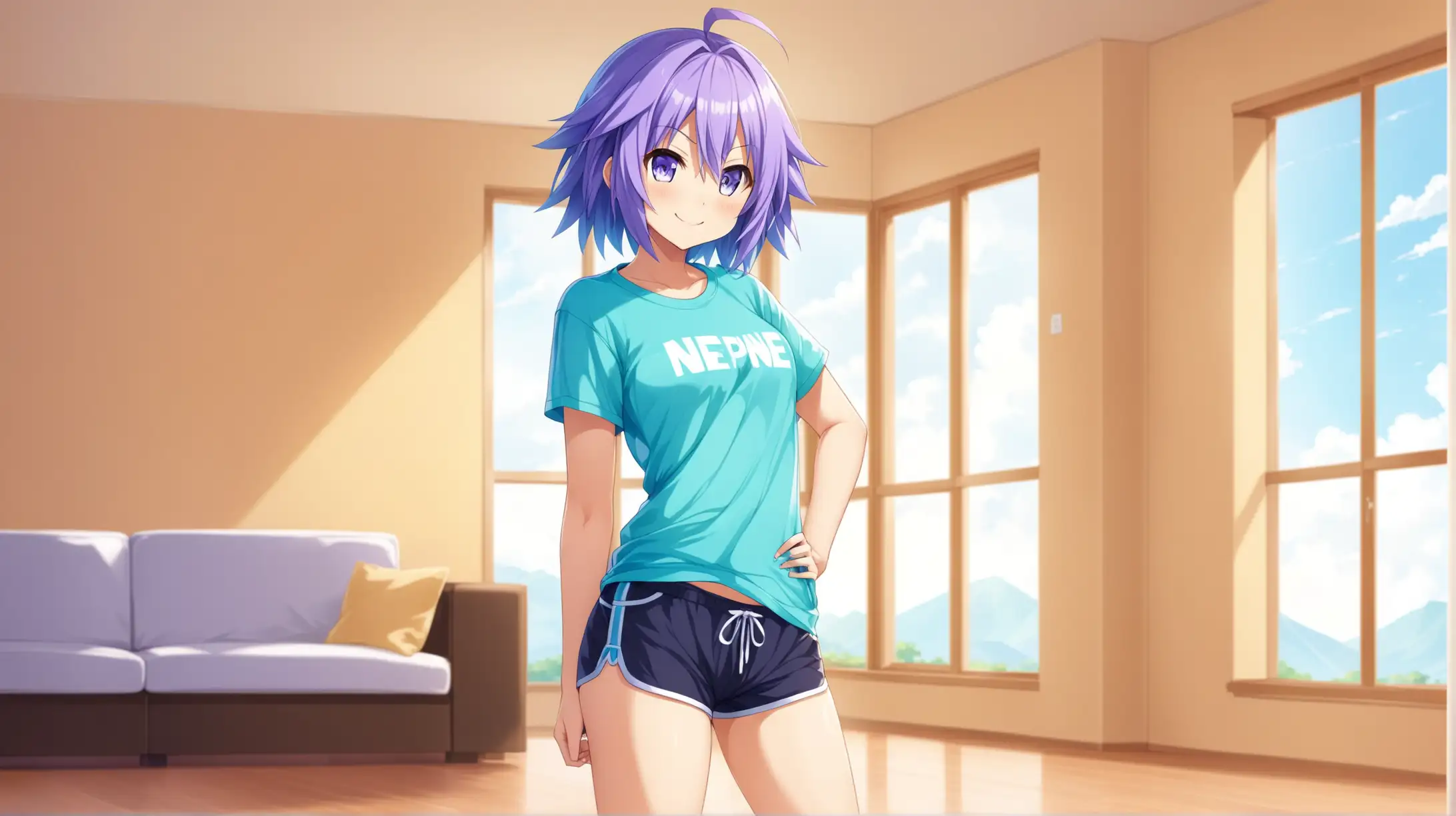 Draw the character Neptune from Hyperdimension Neptunia, short hair, high quality, natural lighting, long shot, indoors, living room, standing, seductive pose, shorts and a t-shirt, revealing, smiling at the viewer
