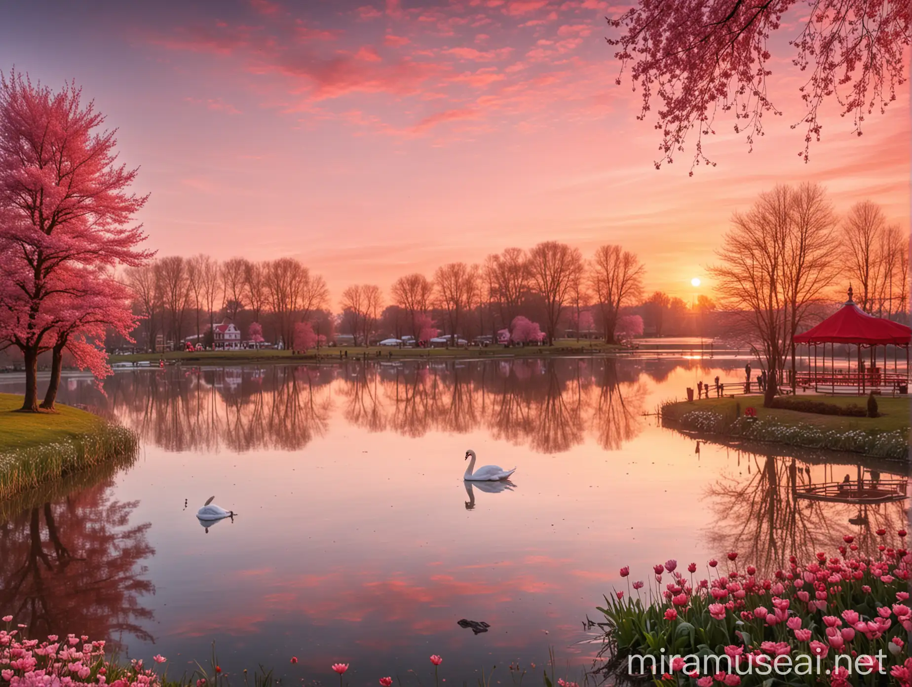 spring background with pink sunset, a lake with a swan swimming in it and a ballet dancer on the water. on the left side of the picture there is a field where children play on the red merry-go-round 