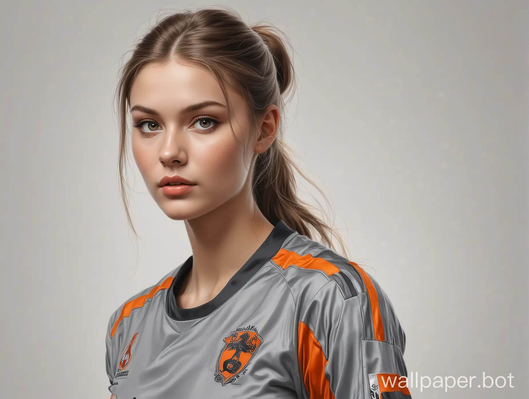 Sketch beautiful Anna Romanova 22 years old dark hair 4th size chest narrow waist in gray-orange soccer uniform on white background highly realistic masterpiece drawing with liner portrait 16K
