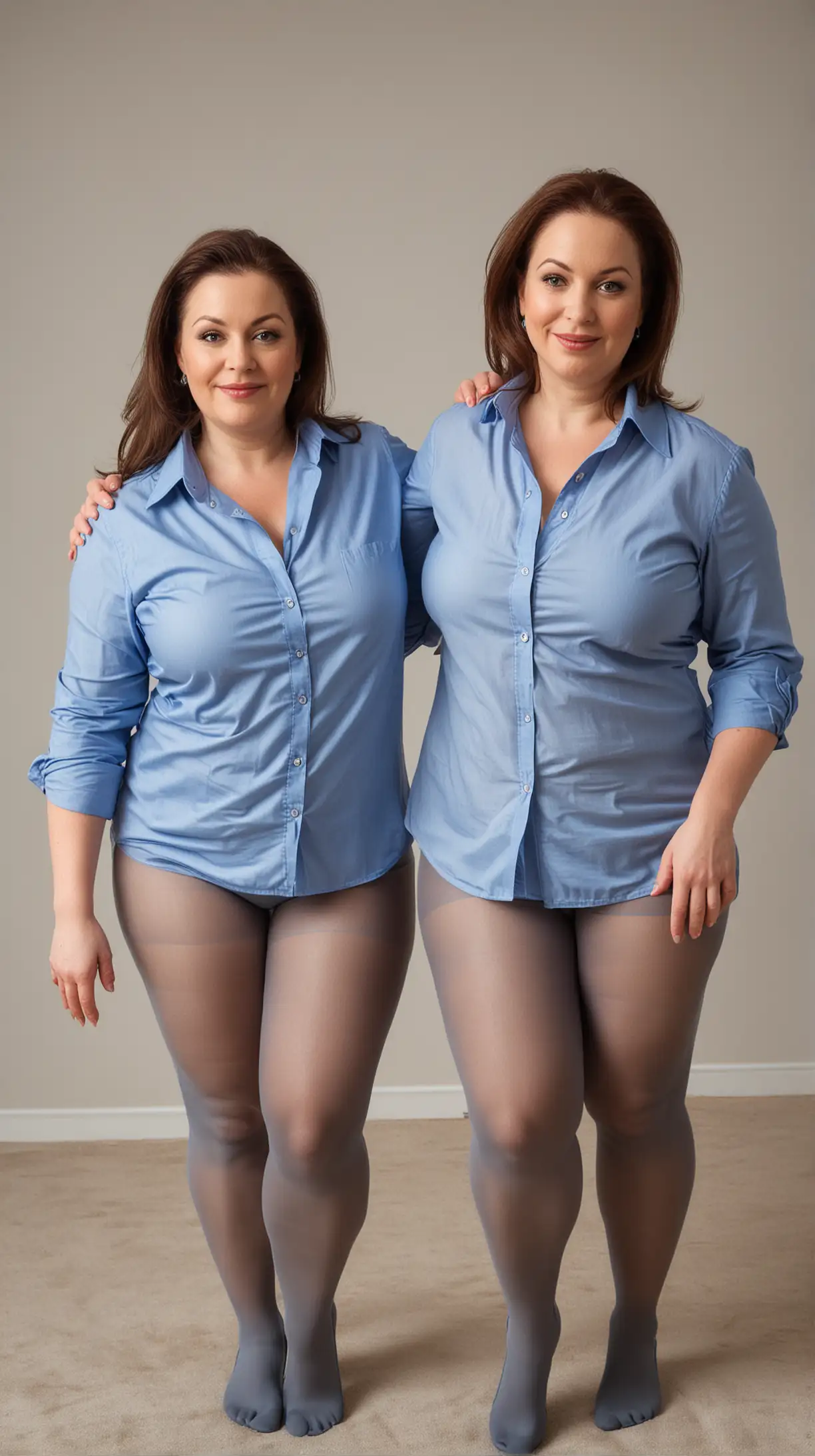 Mature, Curvy Beautiful Sisters, each wearing untucked blue stretch button shirts, Gray Pantyhose, playfully do exercise squats while teasing, poking and tickling each other.