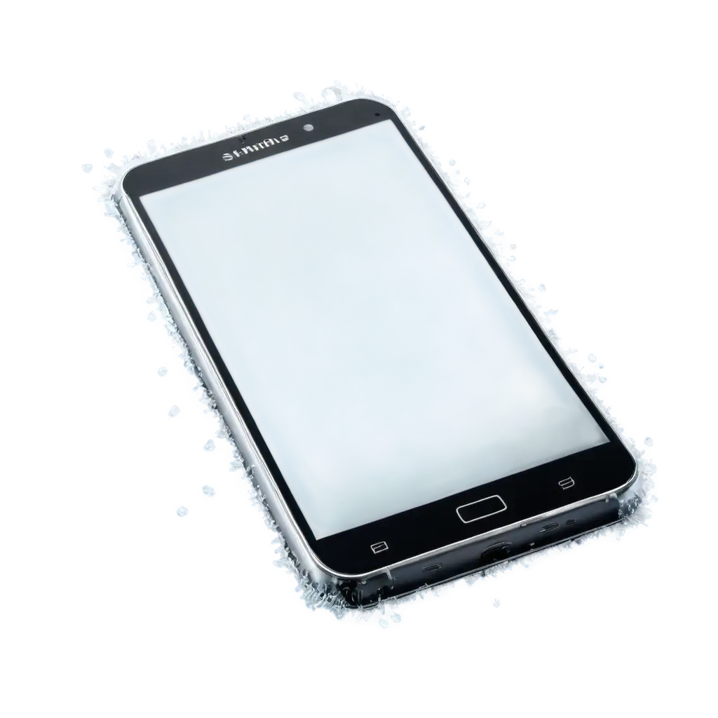 Create an image of a smartphone that is starting to freeze, with frost crystals forming on the screen and around the edges. The smartphone should be slightly tilted for a more realistic effect. The screen should display some fake content, which is also starting to frost over, adding to the cold and wintry atmosphere